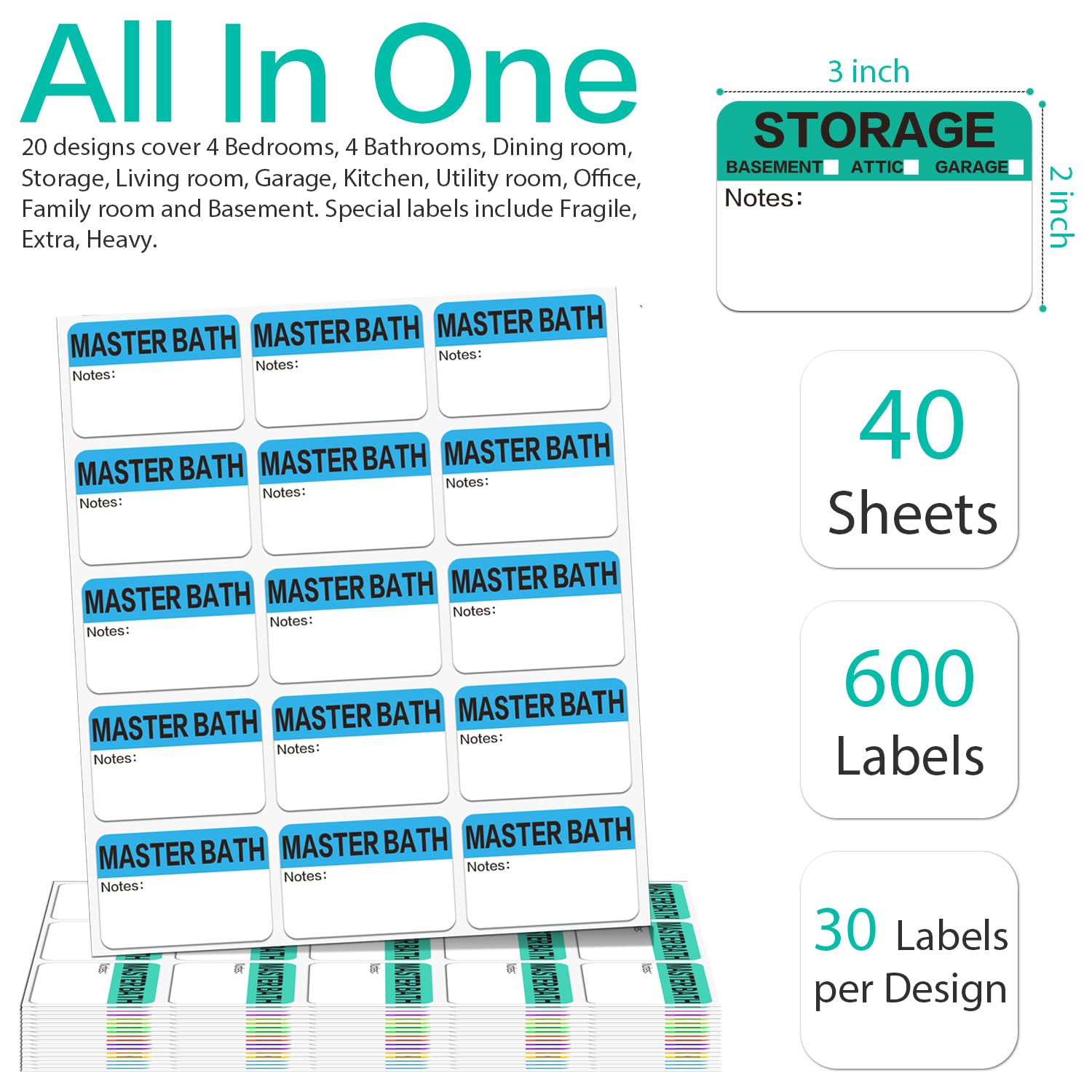 600 Count 3 x 2 Large Home Moving Packing Box Labels for 3-4 Bedroom House with Writable Notes Areas, 17 Color Coded Moving Labels for Boxes + Fragile Moving Stickers + Heavy and Blank Labels