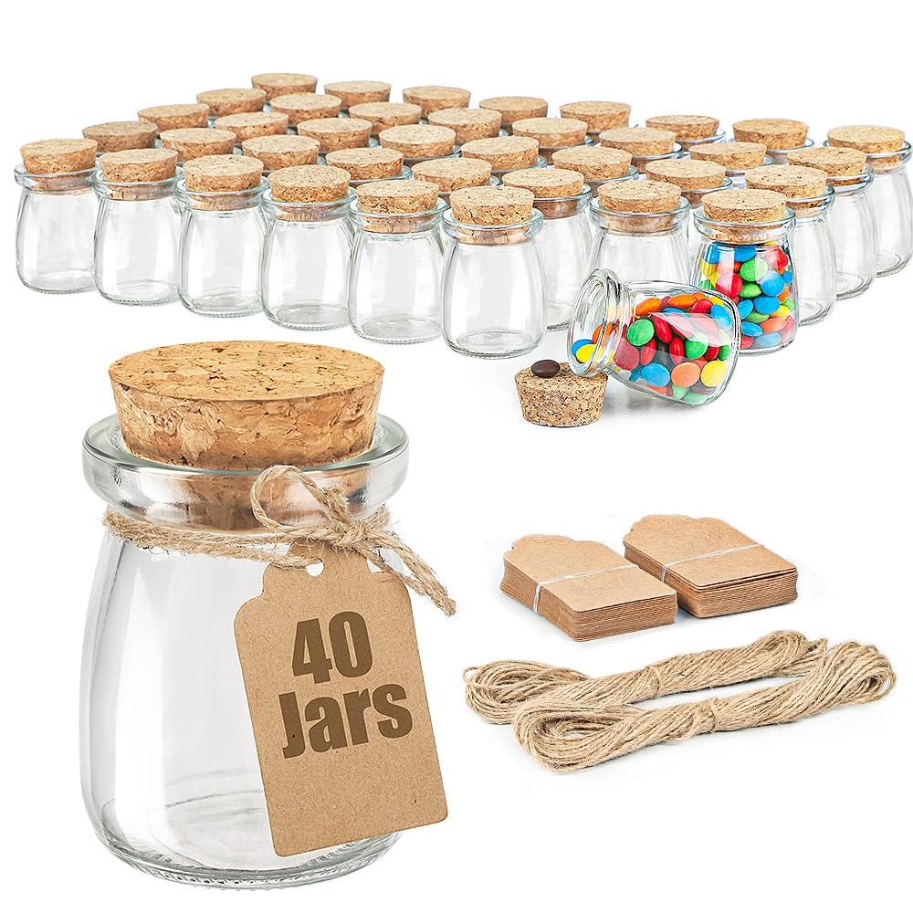 Ritayedet 40er-Pack Glas-Gastgeschenkgläser mit Korkdeckel, 100 ml kleine Glasflaschen für Hochzeitsgeschenke, Babypartys, Partygeschenke, Geschenkgläser für Süßigkeiten, Bonus-Bindfaden und Etiketten