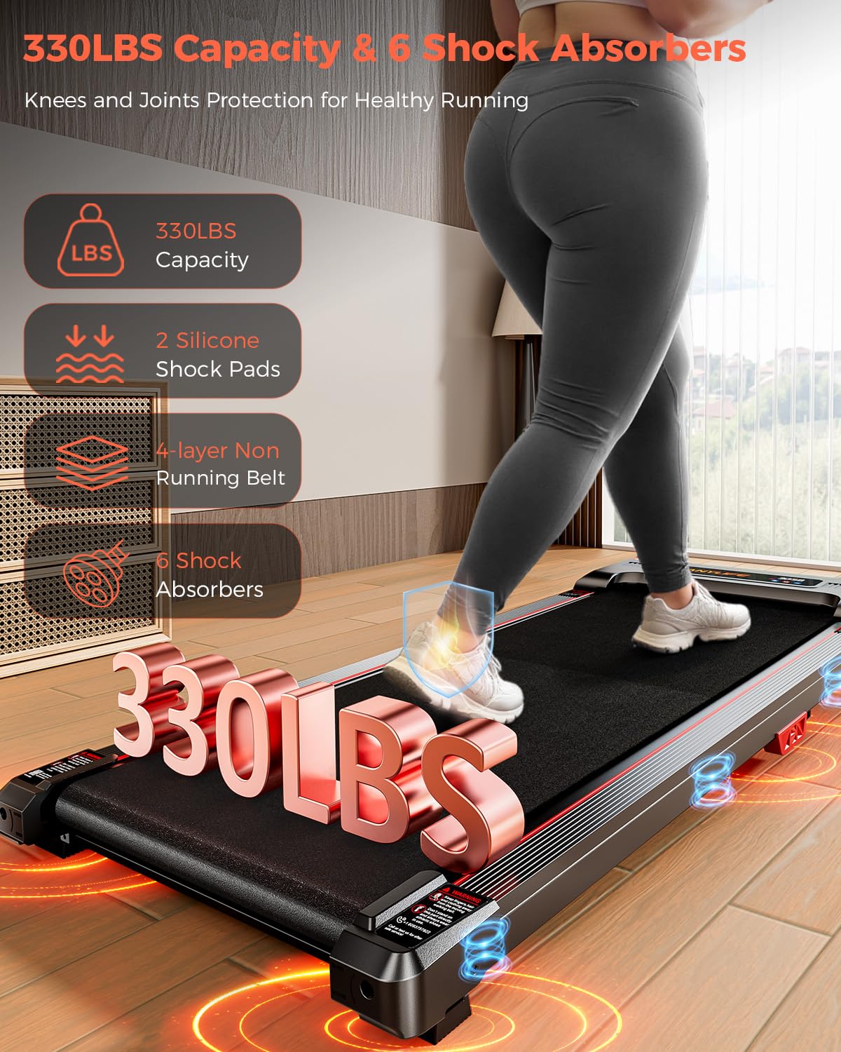 Walking Pad Treadmill, Anylife Incline Walking Pads Under Desk 330lb Capacity, 2.5HP Portable Treadmills for Home, Compact Treadmill Small Running Pad with LED Display, Remote Control, Black Red
