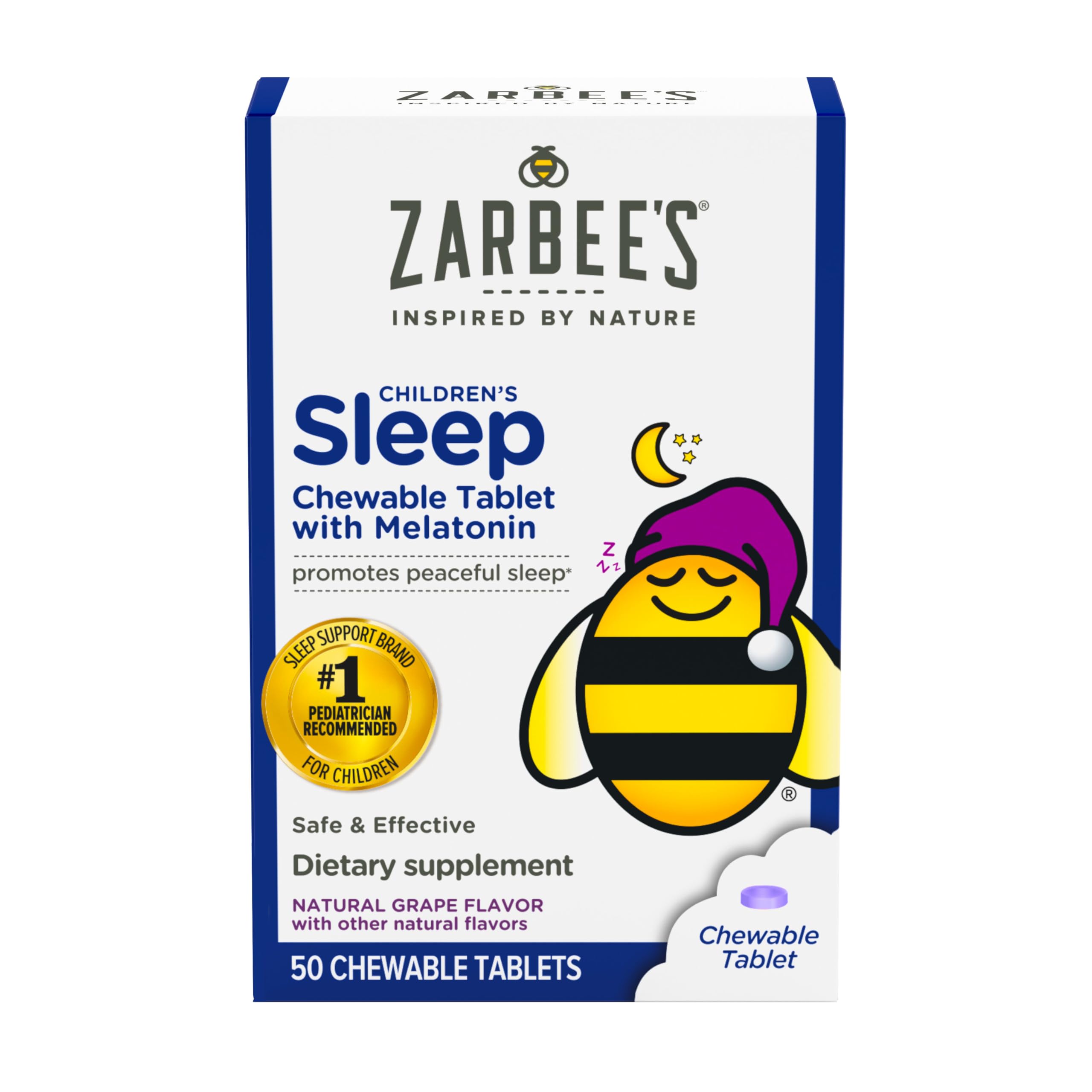 Zarbee's Kids Melatonin Sleep Aid Chewable Tablets, 1 mg, Drug & Alcohol-Free, Non-Habit Forming, Natural Grape Flavor, No Artificial Sweeteners or Dyes, Gluten Free, Ages 3+, 50 Ct Bottle
