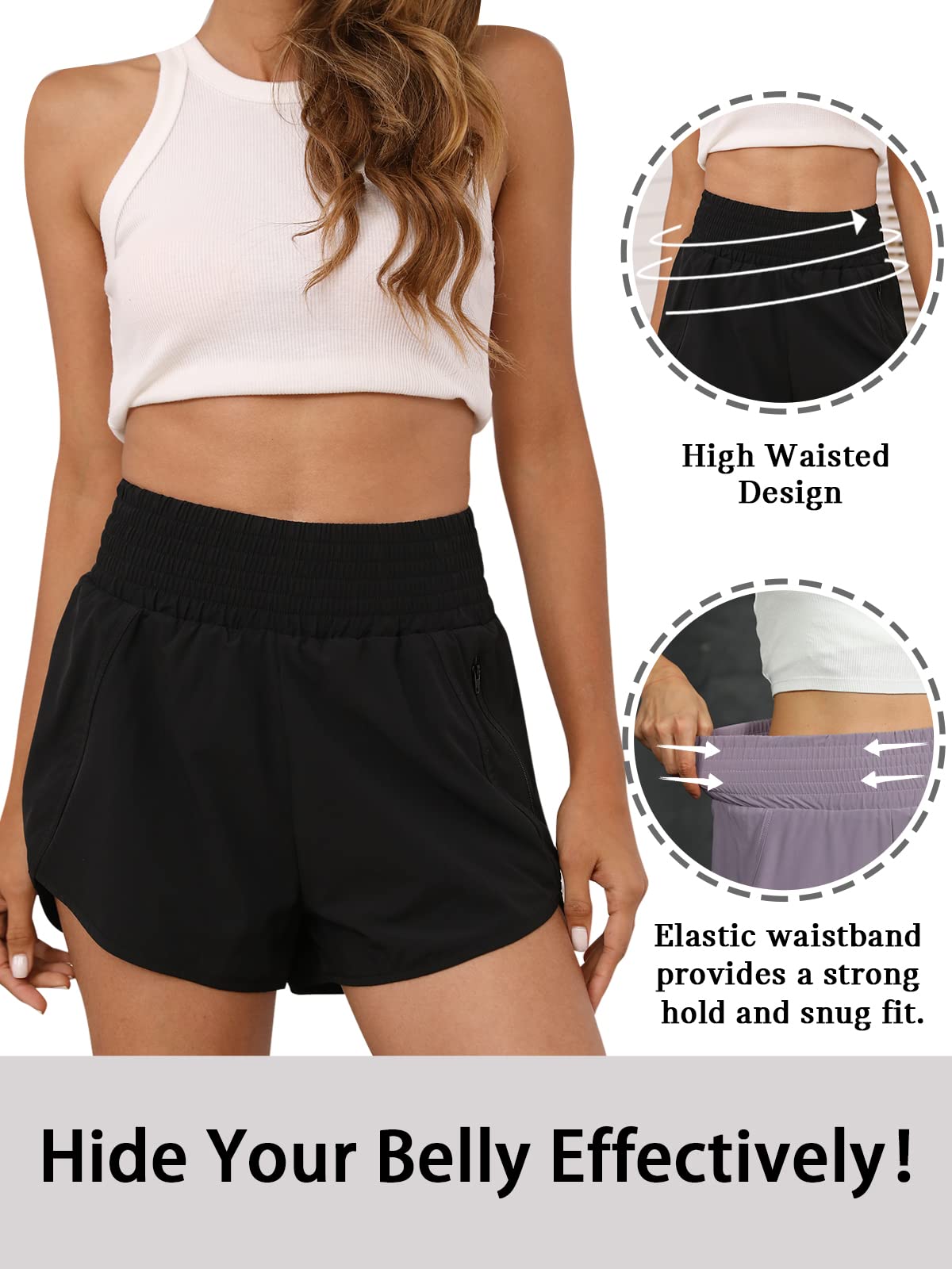 BMJL Women's Athletic Shorts High Waisted Running Short Pocket 2.5" Sporty Shorts Gym Elastic Workout Shorts(M,Black)