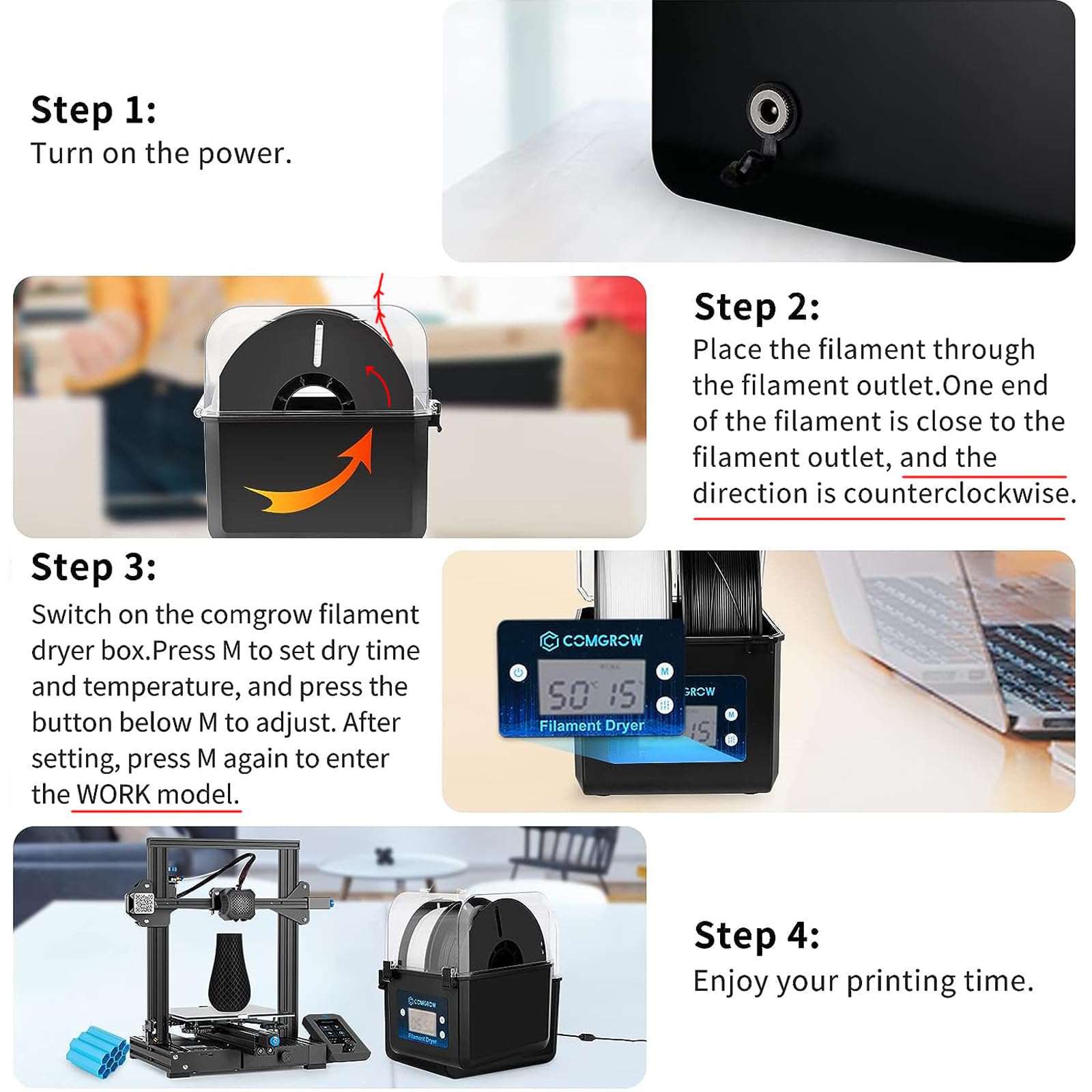 Comgrow 3D Printer Filament Dryer Box, Comgrow 3D Filament Storages, Keeping Filaments Dry During 3D Printing, Compatible with 1.75mm/2.85mm PLA ABS Material, Filament Dehydrator, Spool Holder