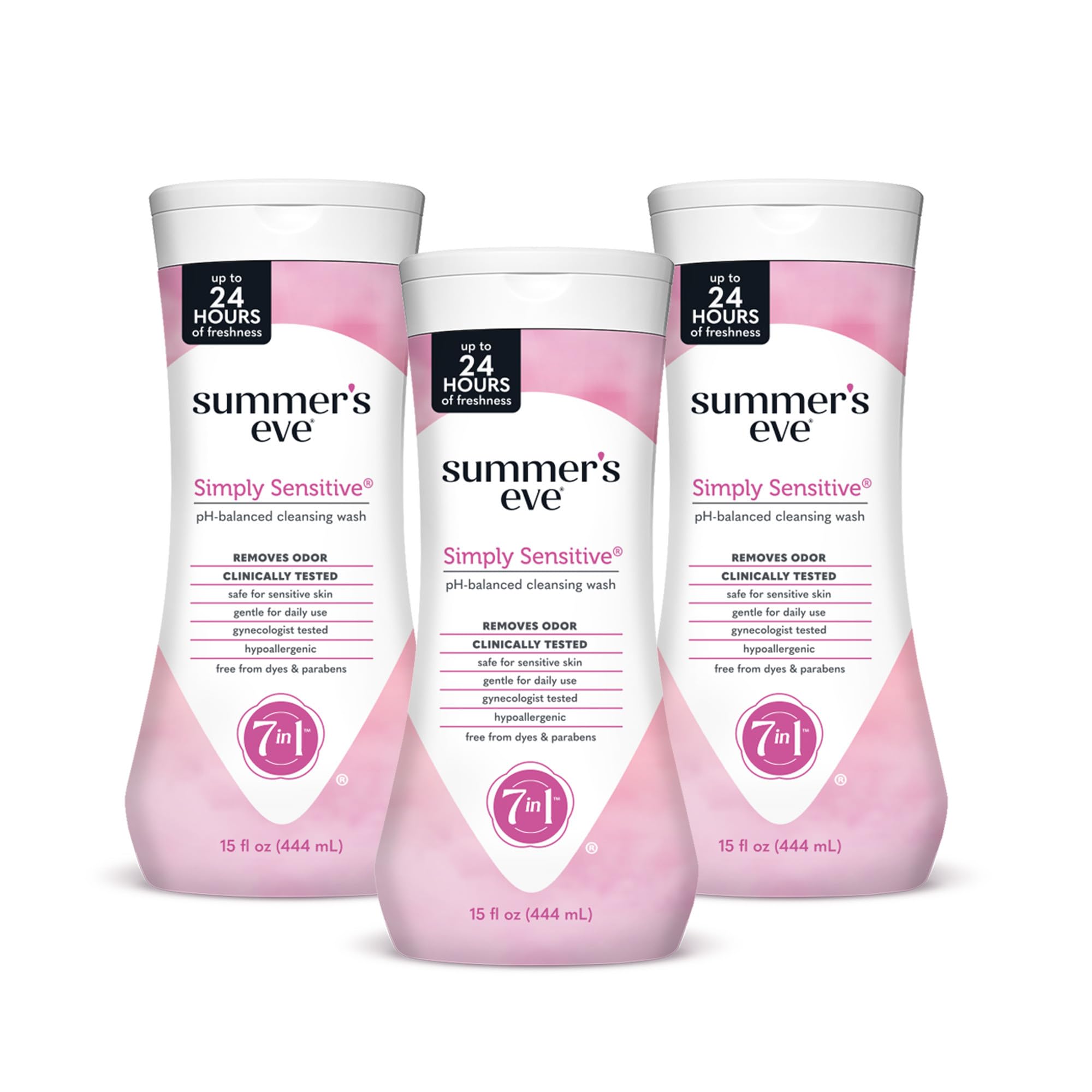 Summer's Eve Simply Sensitive Daily Gentle All Over Feminine Body Wash, Removes Odor, Feminine Wash pH Balanced, 15 fl oz, 3 Pack