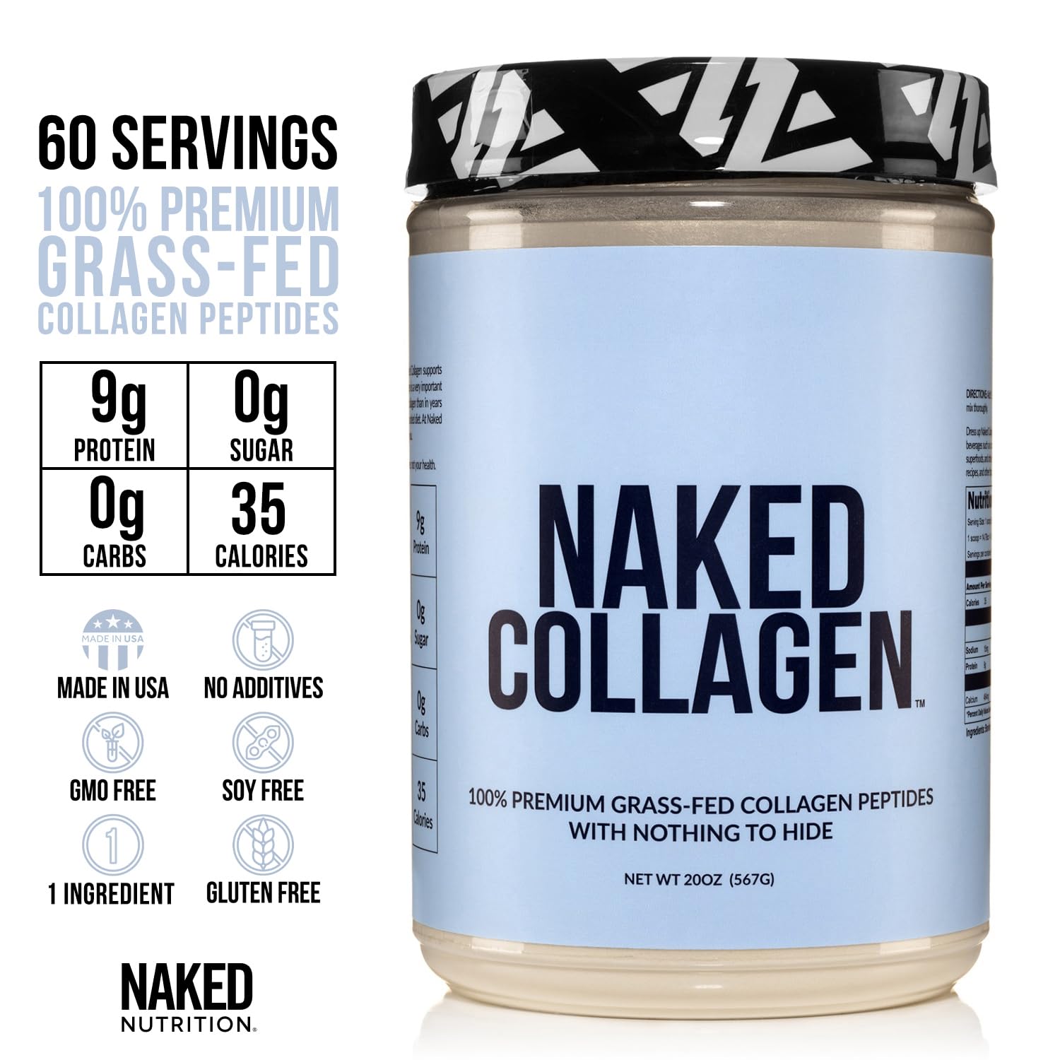 NAKED Collagen Peptides Protein Powder, 60 Servings, Pasture-Raised, Unflavored Grass-Fed Hydrolyzed Collagen Supplement, Paleo Friendly, Non-GMO, Keto, Gluten Free, 20oz