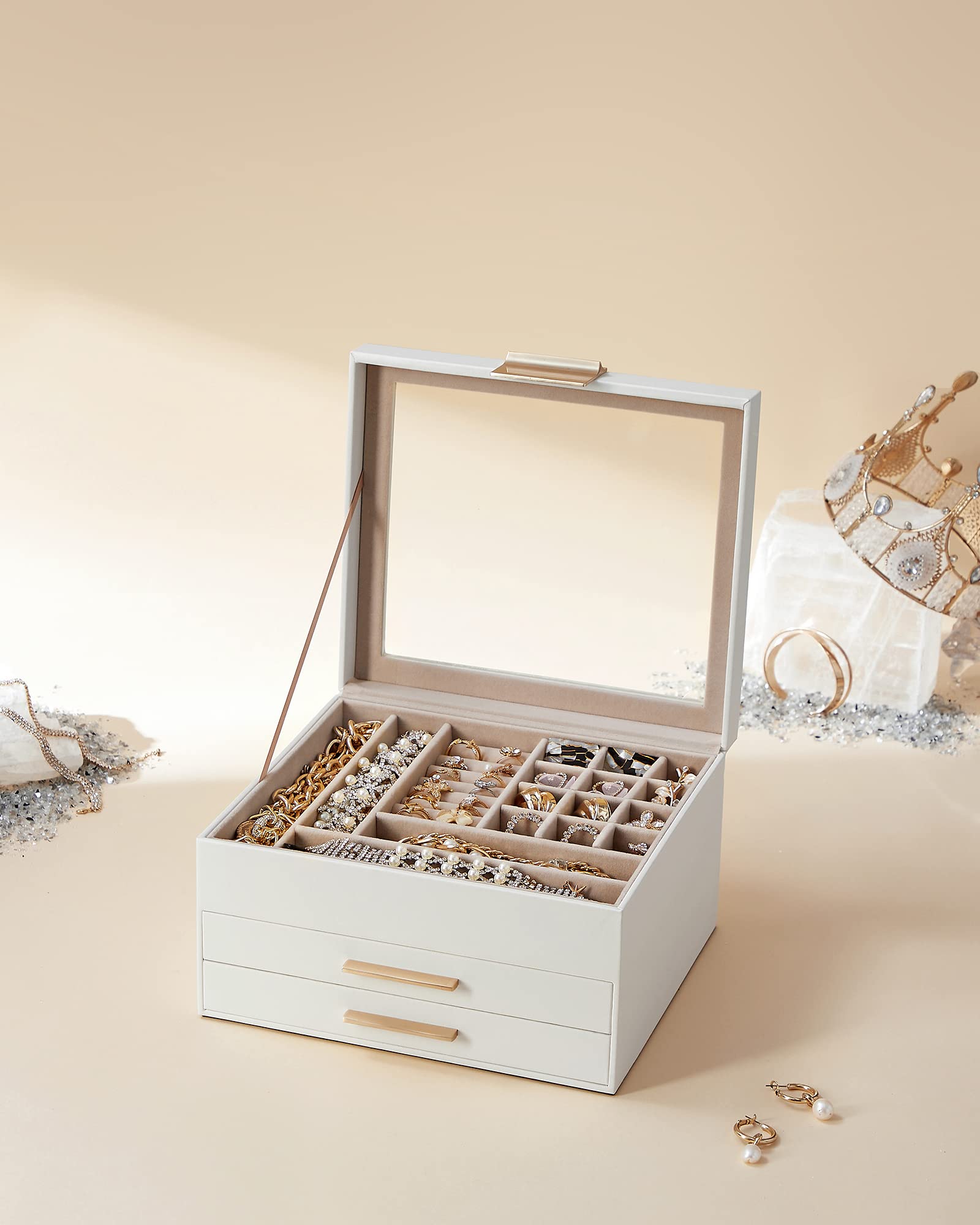 SONGMICS Jewelry Box Organizer with Glass Lid, 3-Layer Jewelry Storage, with 2 Drawers, Modern Style, 8 x 9.1 x 5.3 Inches, Cloud White and Gold Color UJBC239WT