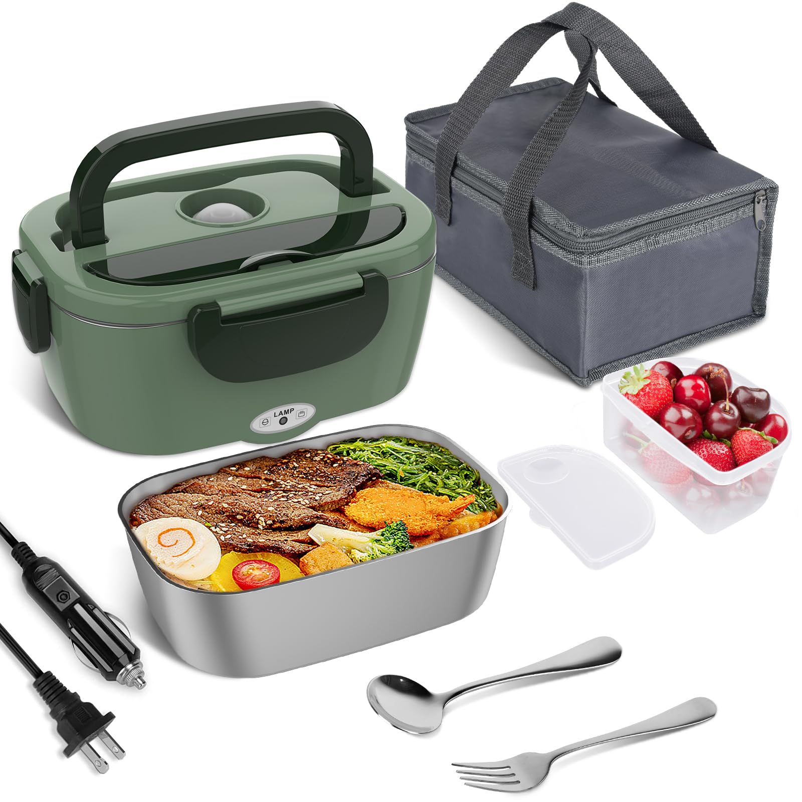 Vabaso Elektrische Lunchbox für Erwachsene, 80W Beheizte Lunchbox Tragbarer Speisenwärmer Lunchbox für Arbeit/Männer/Auto/LKW mit 1,5L 304 Edelstahlbehälter Gabel & Löffel, 110V/12V/24V