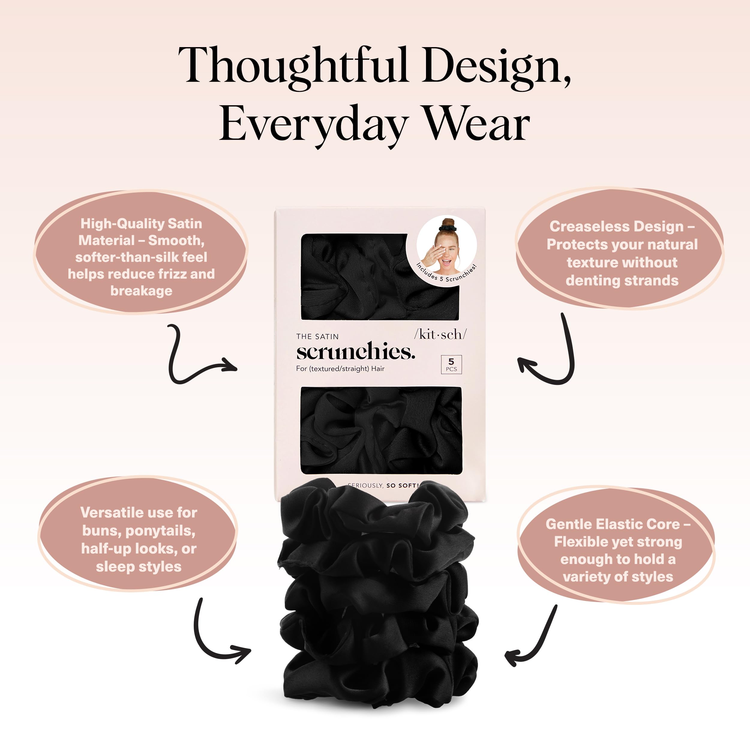 Kitsch Satin Scrunchies for Women – No Crease Hair Ties – Soft Satin Hair Scrunchies for Girls – Frizz Free, Gentle, Stylish Hair Accessories – Black, 5 pcs