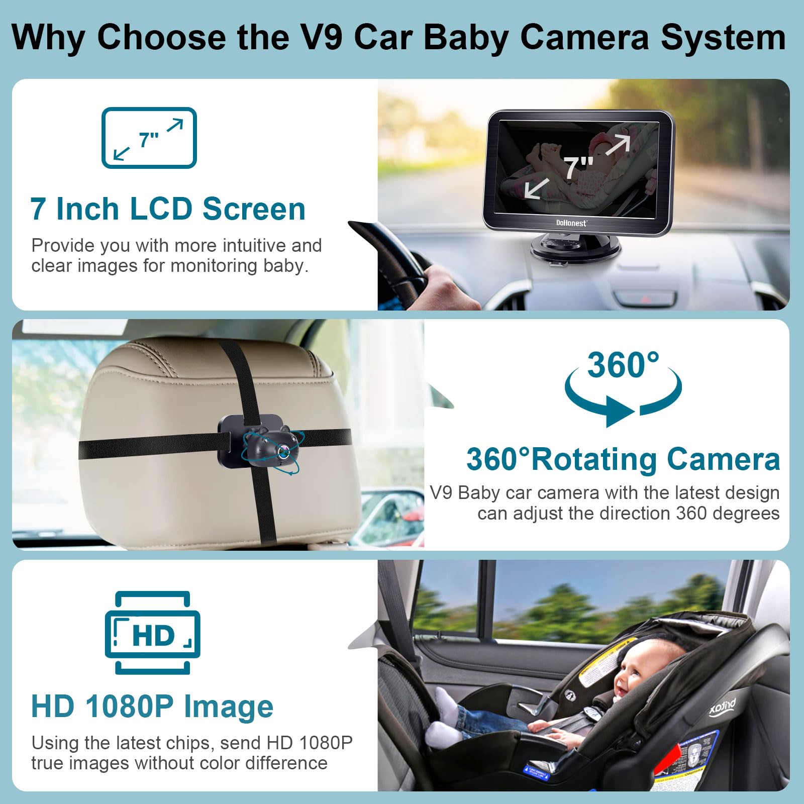 DoHonest Baby Car Camera 7-Inch: USB Plug and Play Easy Setup 360 Degree Rotating Backseat Camera Two Kids HD 1080P Rear Facing Car Seat Cameras Clear Night Vision -V9