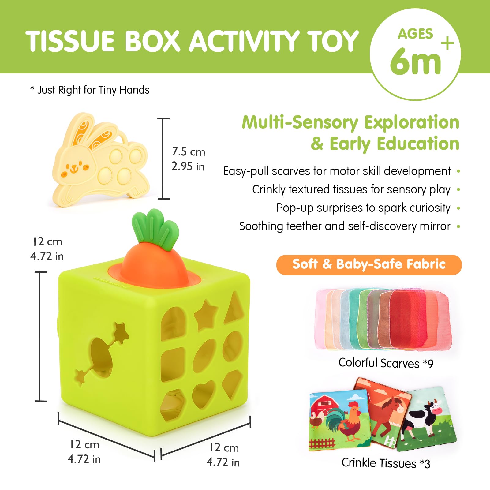 hahaland Baby Tissue Box Toy - Silicone Baby Toys 6-12 Months Montessori Toys for 6 Month Old, 6-in-1 Soft Busy Activity Cube with Scarves, Crinkle, Textures, Mirror, Sensory Popper, Stocking Stuffers