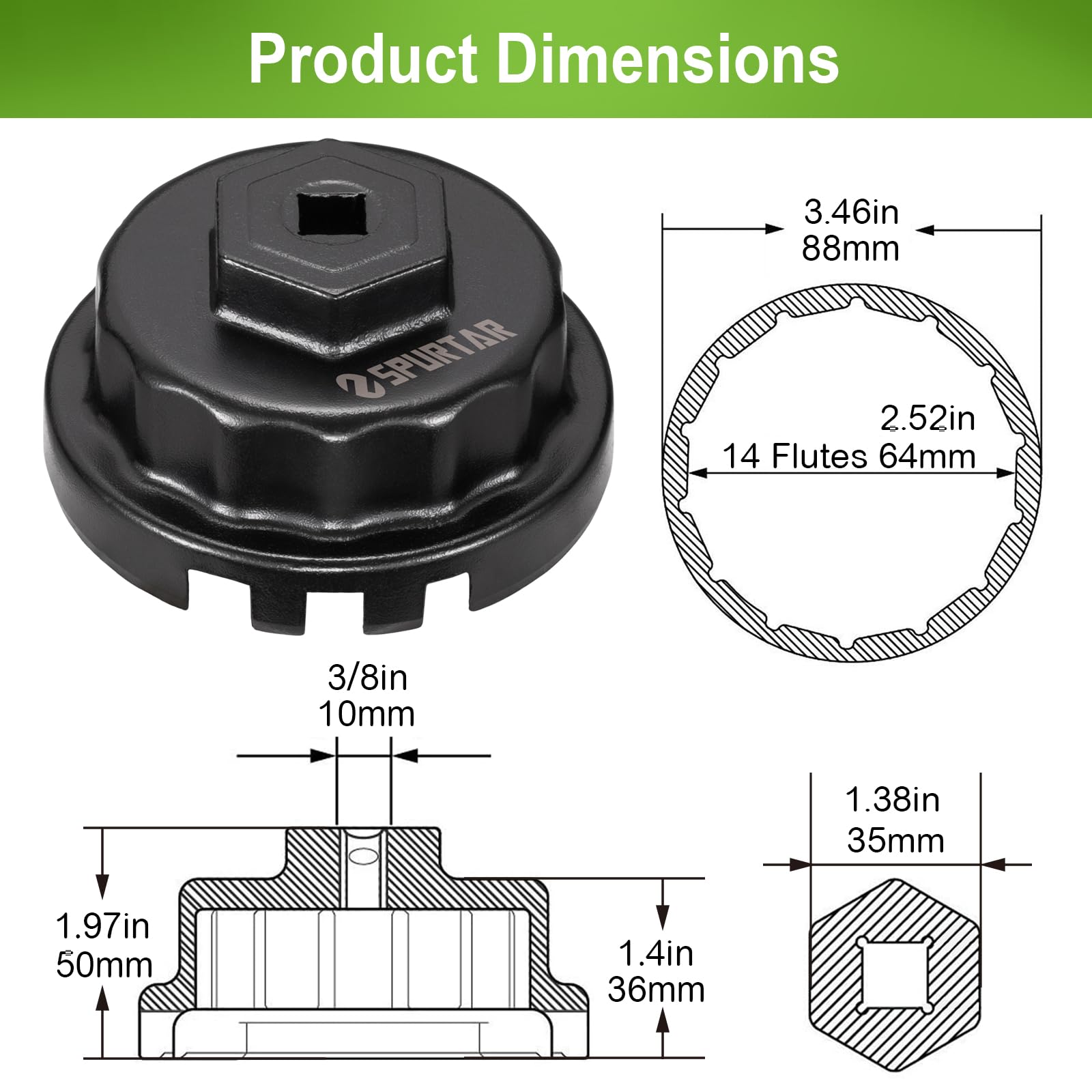 Spurtar Oil Filter Wrench for Toyota Cap Style Oil Filter Removal Tool 64mm for Lexus, Camry, 4 Runner, RAV4, Tundra, Tacoma, Highlander, Sienna, Sequoia, Avaion, Venza 2.5-5.7L Engine