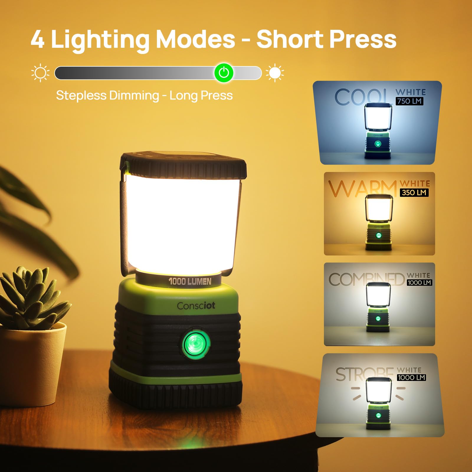LED Camping Lantern, Consciot Battery Powered Camping Lights, 1000LM, 4 Light Modes, IPX4 Waterproof Tent Lights, Portable Flashlight for Power Outages, Emergency, Hurricane, Hiking, 2-Pack
