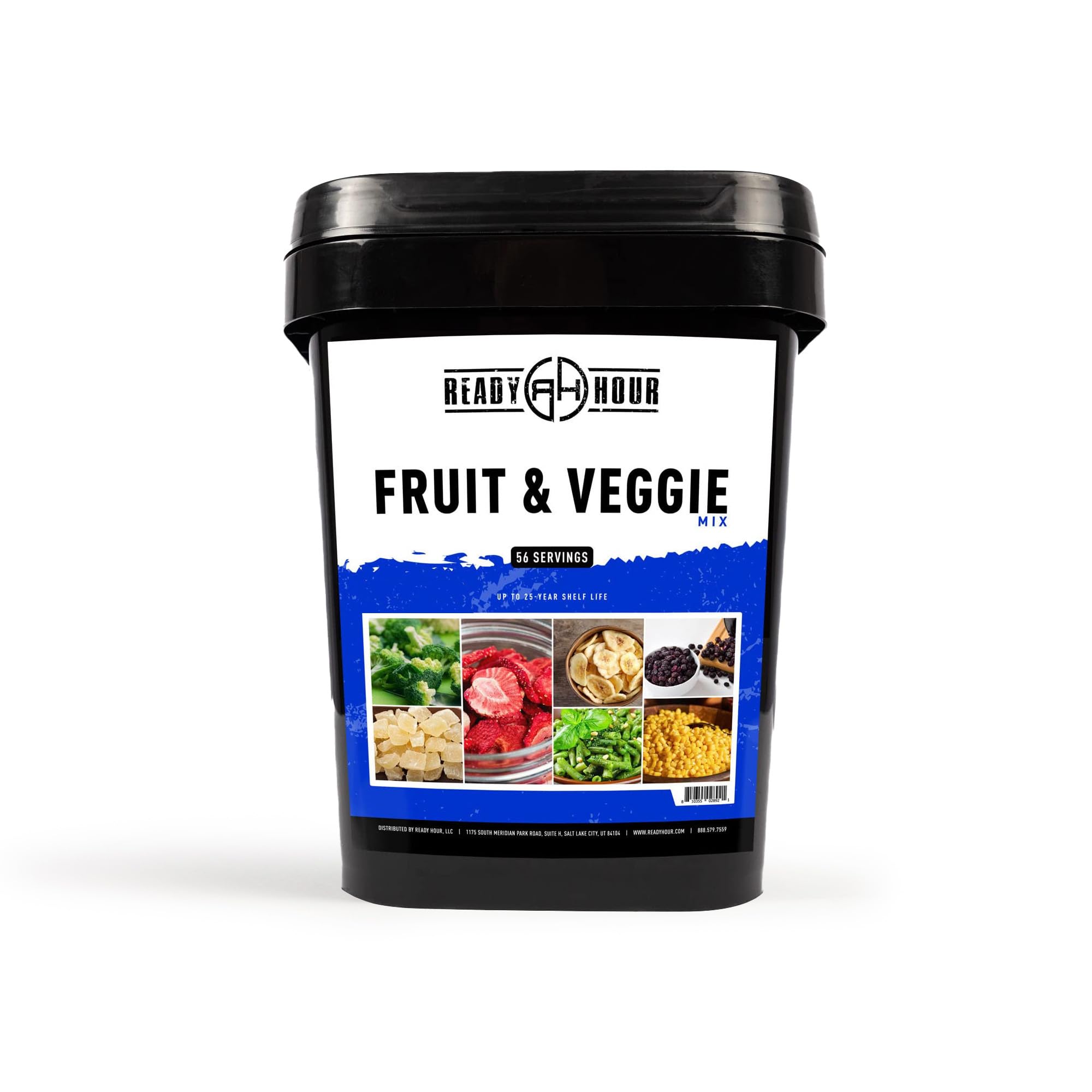 Ready Hour, Frucht- & Gemüsemischung, haltbare gefriergetrocknete Nahrung, 30 Jahre haltbar, tragbarer Notfall- und Outdoor-Proviant, strapazierfähiger, flutsicherer Behälter, 56 Portionen