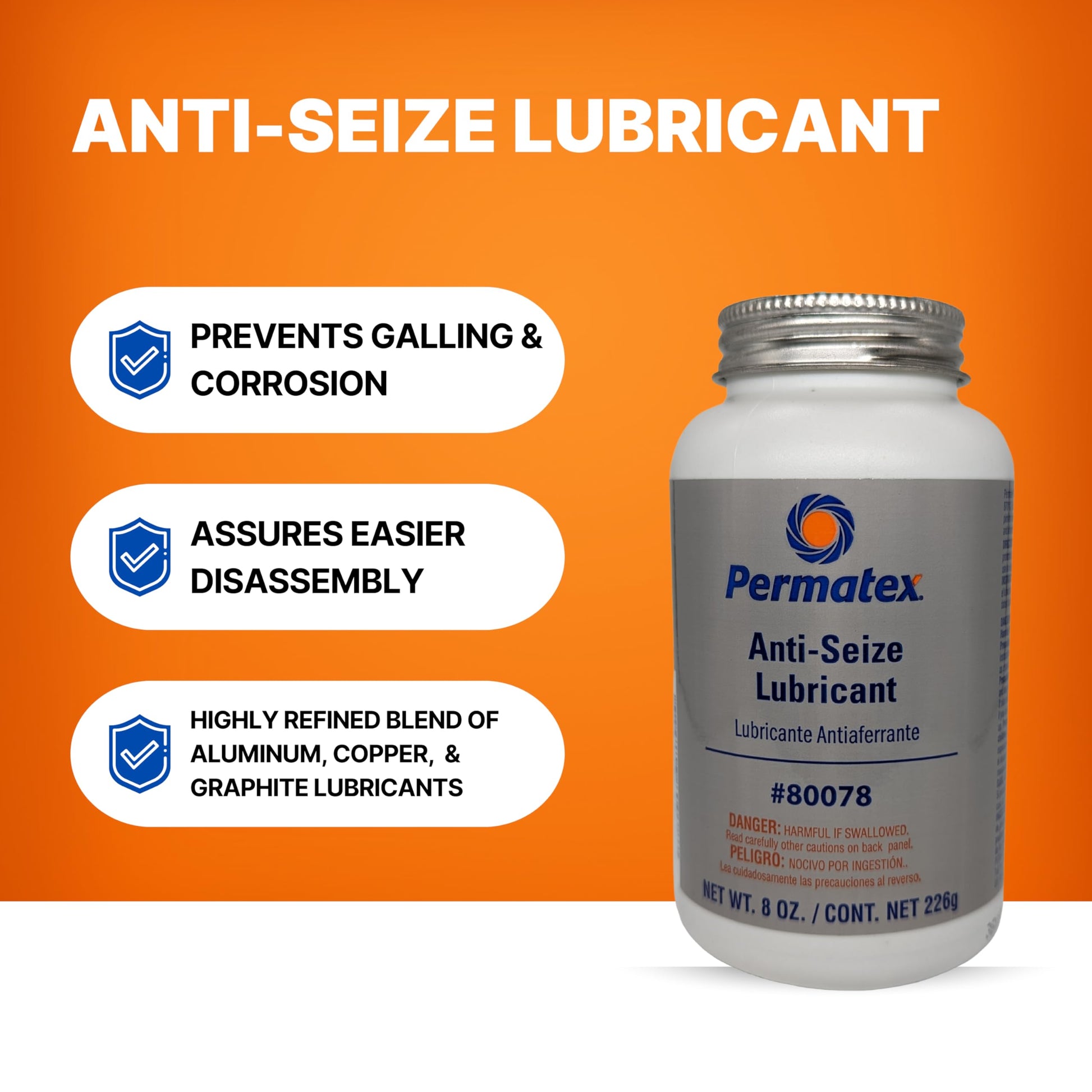 Permatex 80078 Anti-Seize Lubricant With Brush Top Bottle Prevents Galling, Corrosion, Seizing, Refined Blend Aluminum, Copper, And Graphite Lubricants For Spark Plugs 8 oz