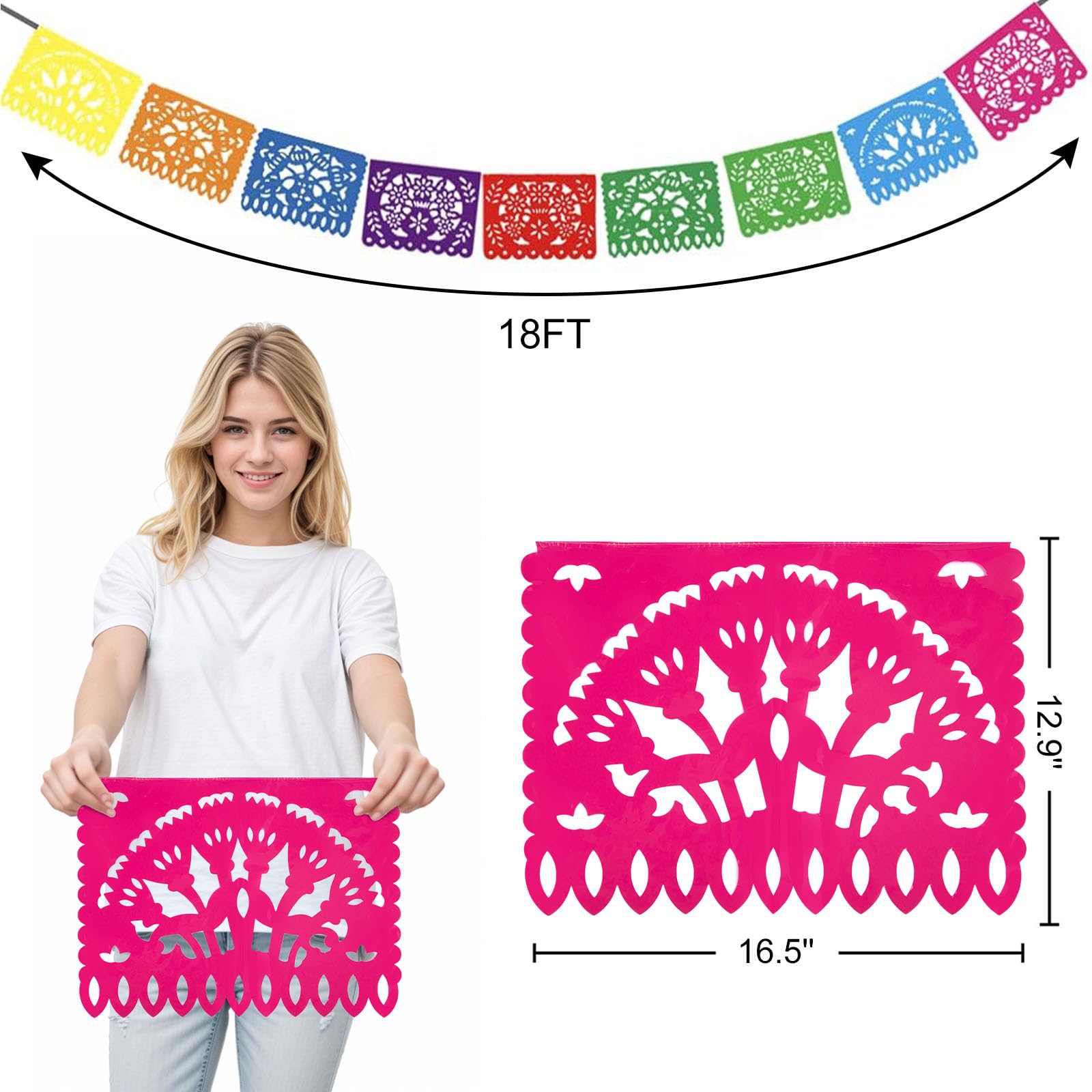 DomeStar Mexican Party Decoration, 18 Feet Plastic Papel Picado Fiesta Banner Cinco de Mayo Garland for Mexican Birthday Party Supplies
