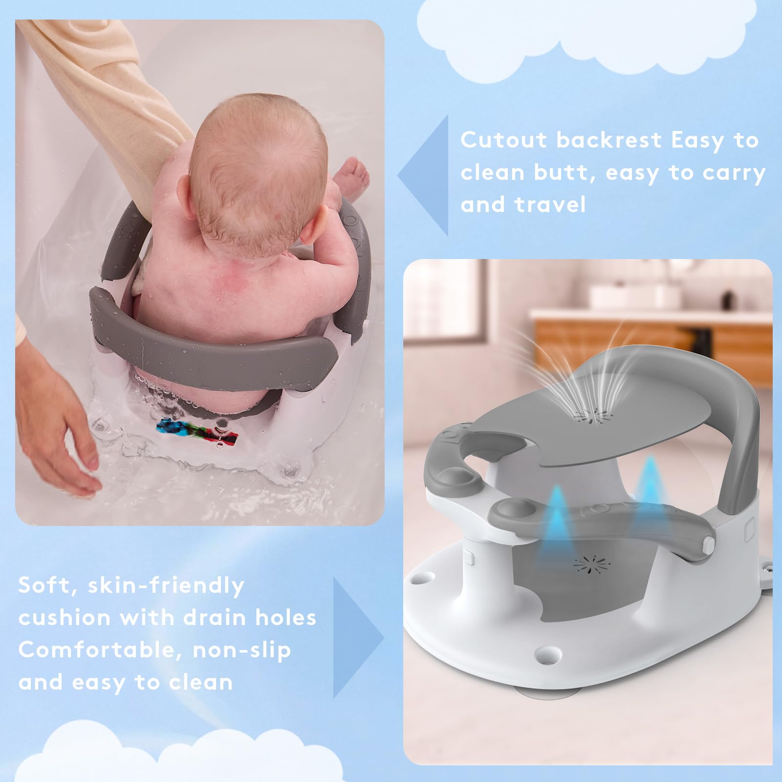 NFSVLB Baby Bath Seat for Babies 6 Months & Up Sitting Up with Temperature Alert+Soft Cushion+Suction Cup,Infant Bath Seat for Baby Bath Chair Toddler Bath seat for Bathtub Tub Shower Grey