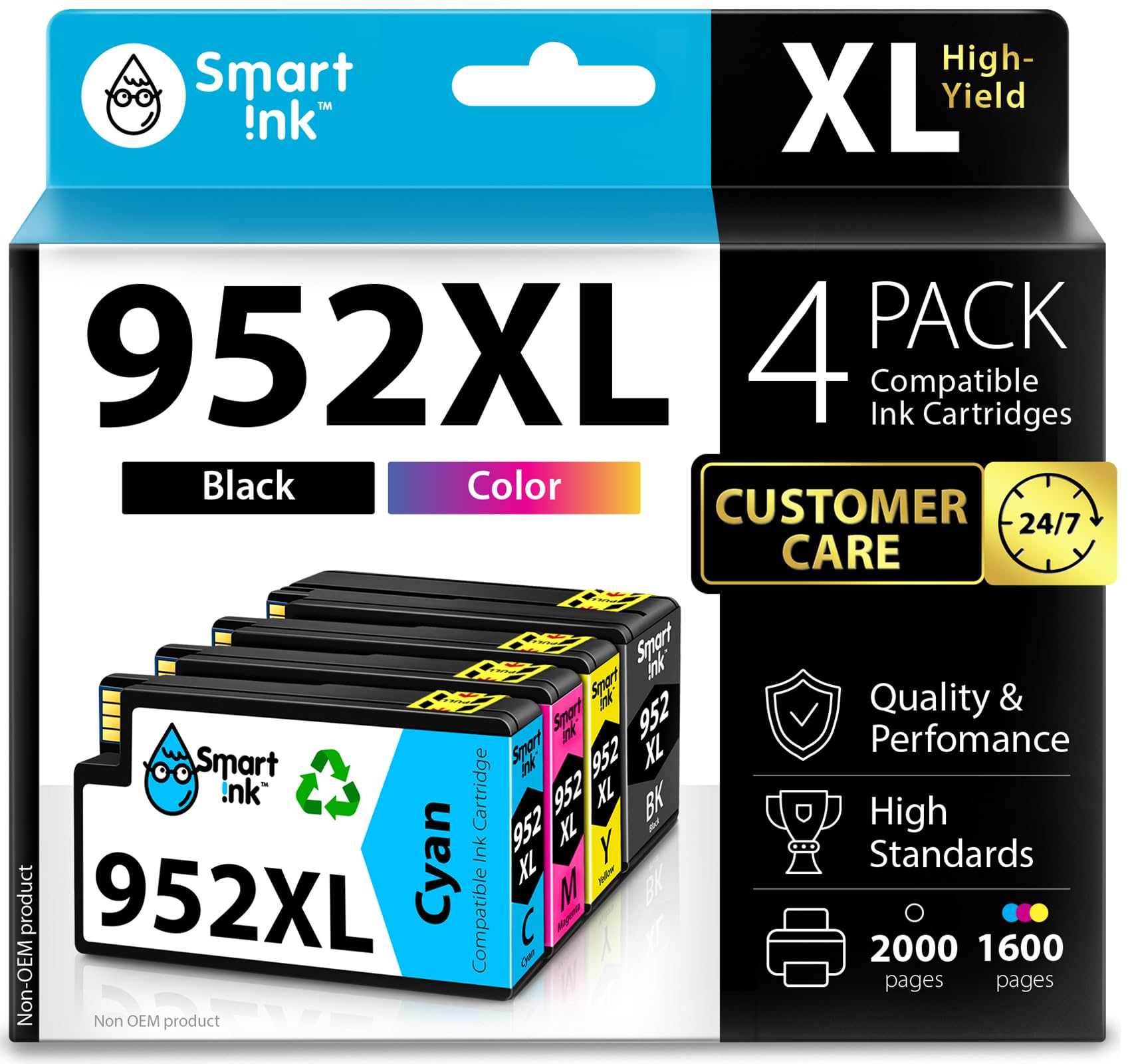 Smart Ink Compatible Ink Cartridges Replacement for HP 952XL 952 XL 4 Combo Pack (Black, Cyan/Magenta/Yellow) to use with HP OfficeJet Pro 8710 7740 8720 8715 8210 8703 OfficeJet 8702 Printers