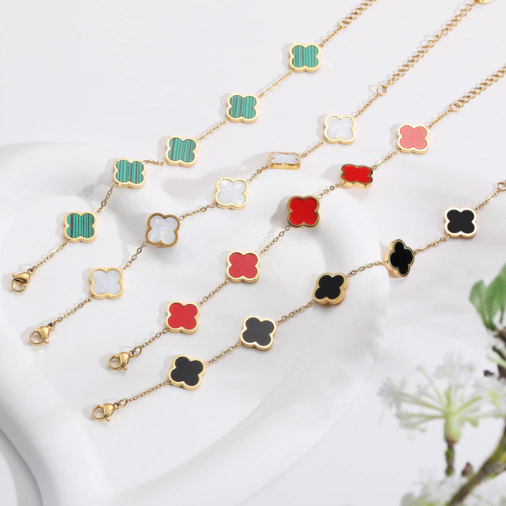 AIPPK 18K Gold Plated Clover Lucky Bracelet Dupes for Women White Flower Four Leaf Bracelets Trendy Jewelry Gifts for Women