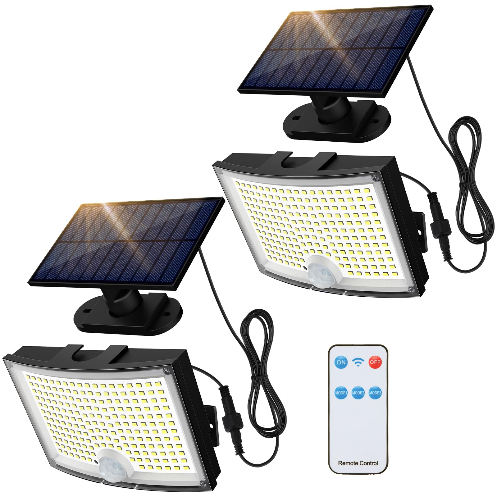 Adiding Solar-Außenleuchten, 202 LEDs Flutlicht mit 5 m Kabel, Solar-Bewegungssensor-Außenleuchten mit Fernbedienung, 3 Modi Solarbetriebene Sicherheitsleuchten für Terrasse, Hof, Garage, 2 Stück