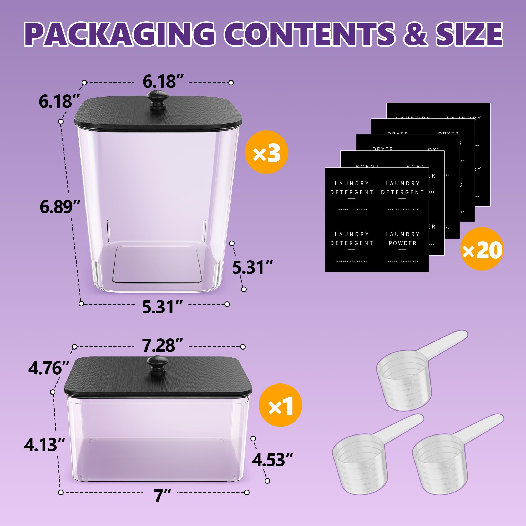 4 Pack Laundry Pods Container, Clear Laundry Room Organization Containers,Large Laundry Detergent Powder Storage Containers Black Wooden Lids & Labels, Acrylic Laundry Pods Holder for Scent Booster