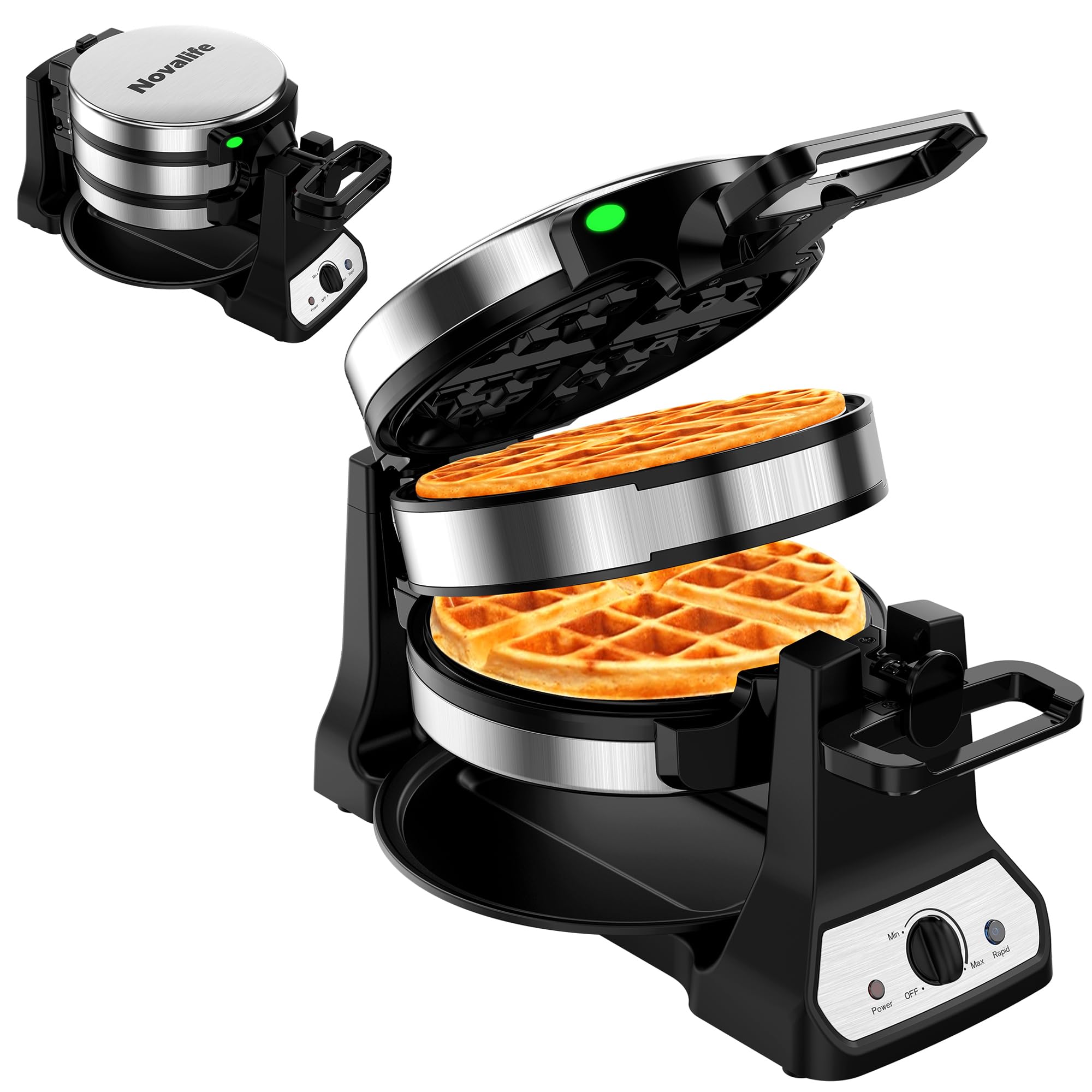 Waffle Maker, 1400W Belgian Waffle Maker, Double Waffle Iron 180 degrees Flip, Rotating Nonstick Plates, Adjustable Browning Control, Locking Buckle & Cool Touch Handle, Removable Drip Tray, Stainless Steel