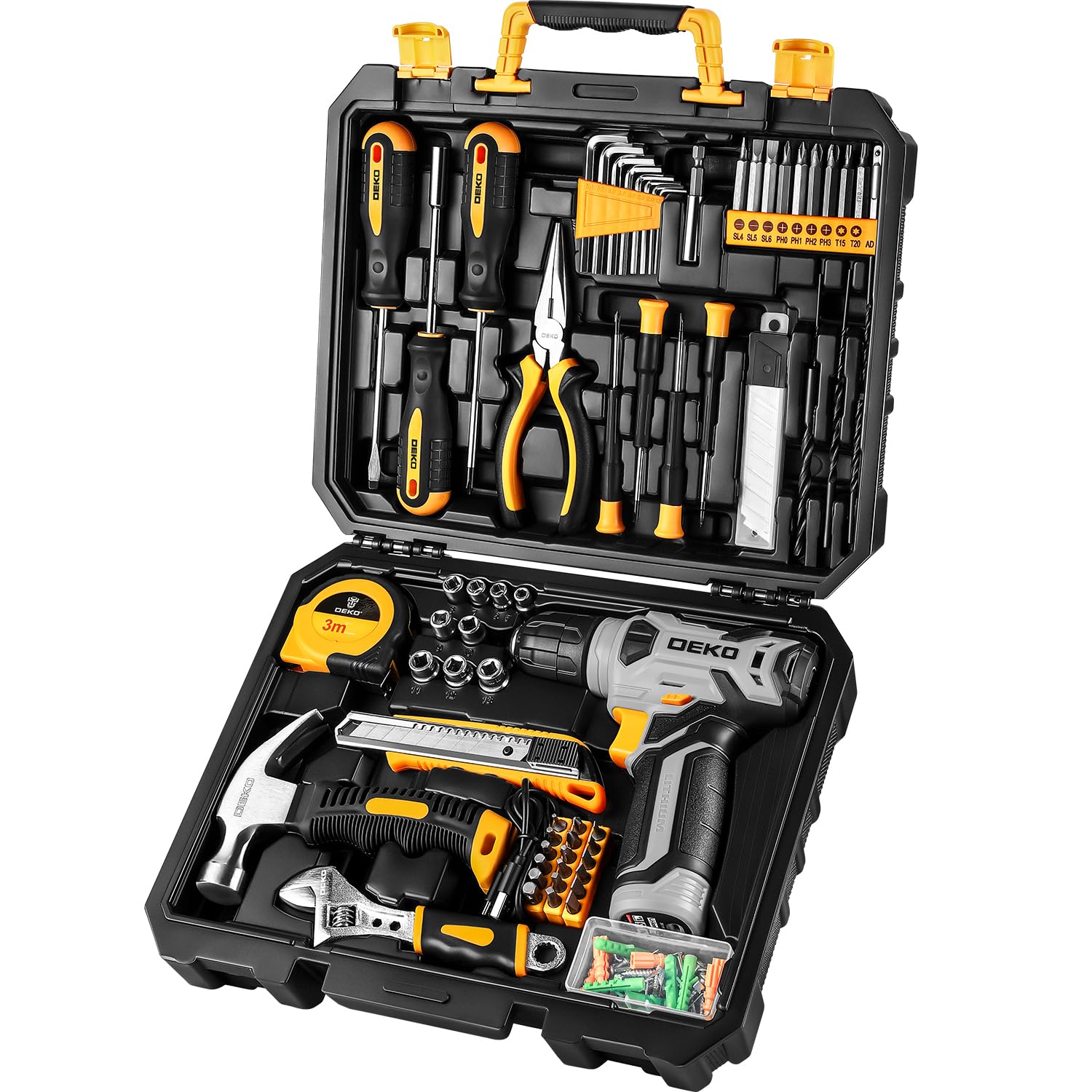 DEKOPRO Werkzeugsatz:Werkzeugkasten mit 8V Akku-Bohrschrauber,Werkzeugkasten mit Bohrmaschine,Handbohrer-Set für Männer & Frauen,Haushalts-Werkzeugsets für Reparaturen,Heimwerker,DIY 126 Teile