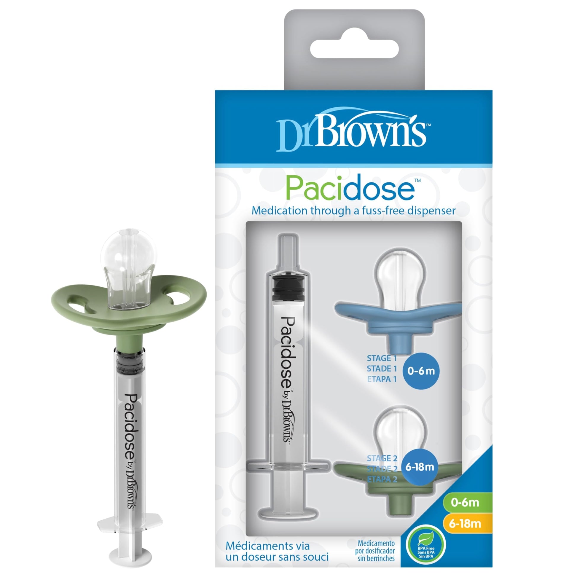 Dr. Brown's Pacidose Pacifier and Liquid Baby Medicine Dispenser with Oral Syringe and Two Sizes of Pacifier Bulbs - 0-6m and 6-18m