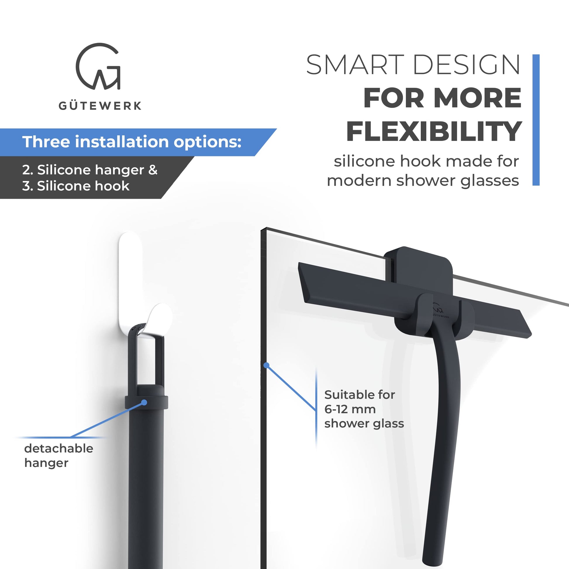 GÜTEWERK Shower Squeegee for Glass Doors, Silicone Window Squeegee, Bathroom and Glass Cleaning - Black - 9 Inch