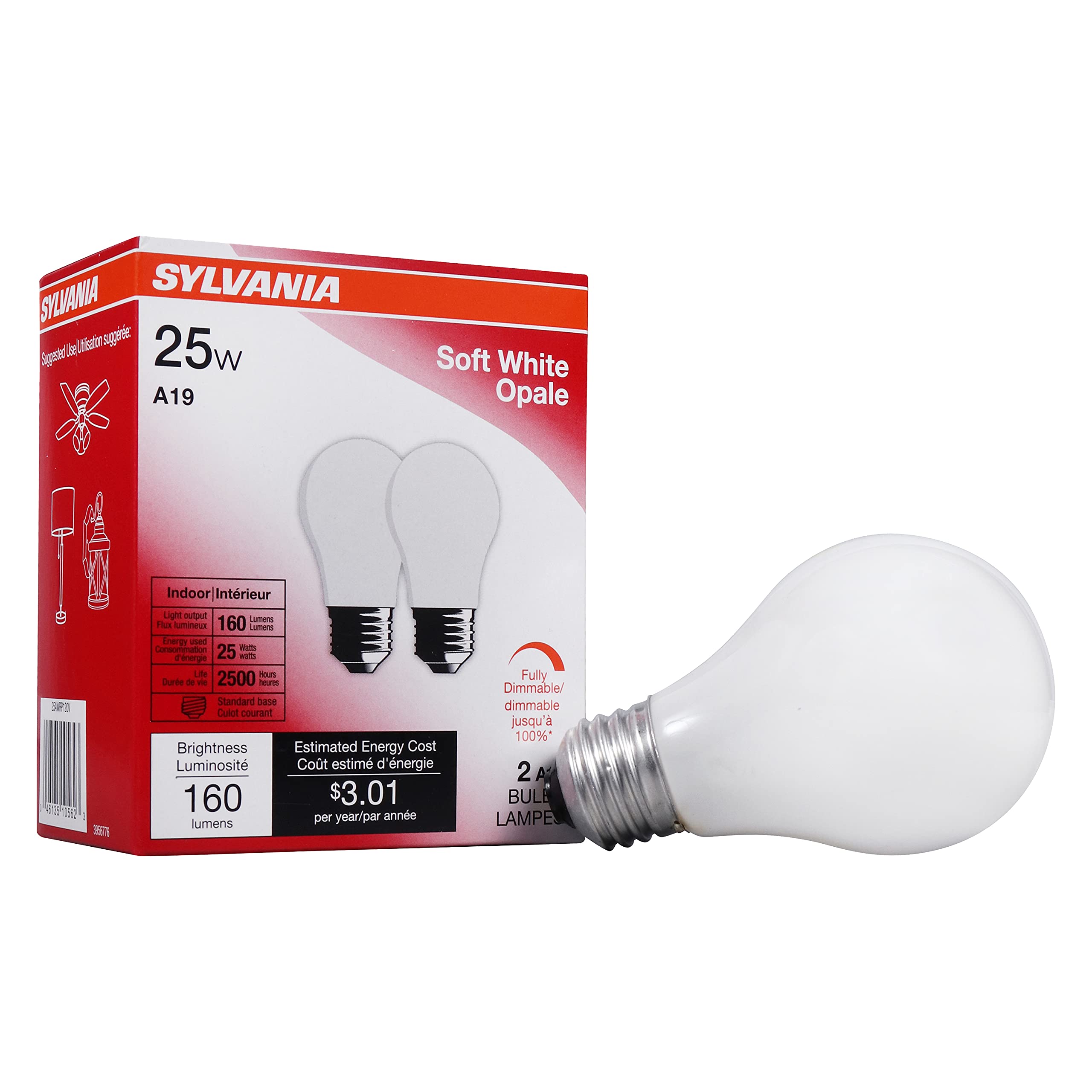 SYLVANIA Glühbirne, 25W A19, dimmbar, E27 Sockel, 160 Lumen, 2850K, Soft White - 2 Stück (1er-Pack) (10562)