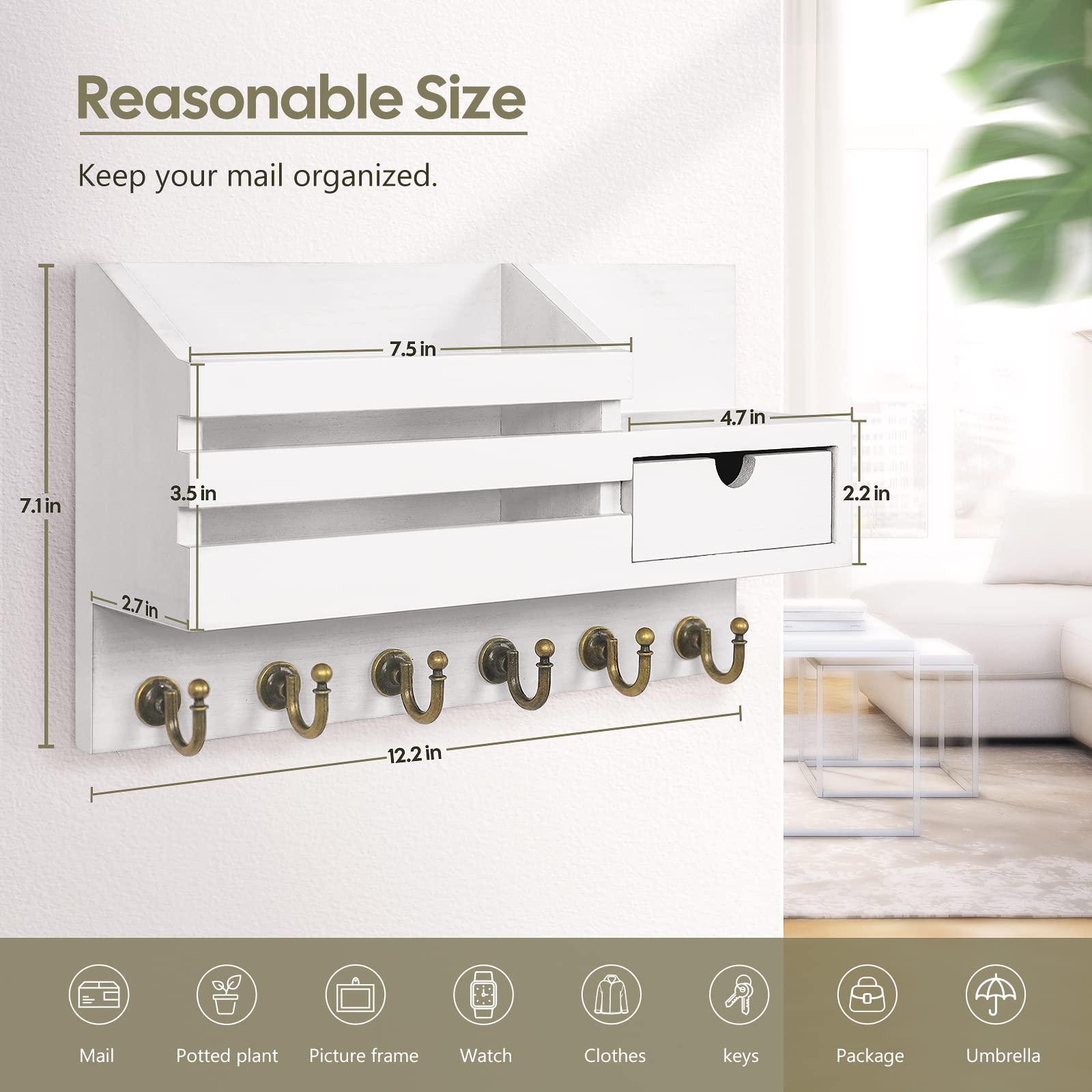 FifthQuarter Key and Mail Holder for Wall, Mail Organizer Wall Mount with 6 Hooks and Storage Drawer, Easy Installation Key Rack for Entryway and Home Decor (A-White)