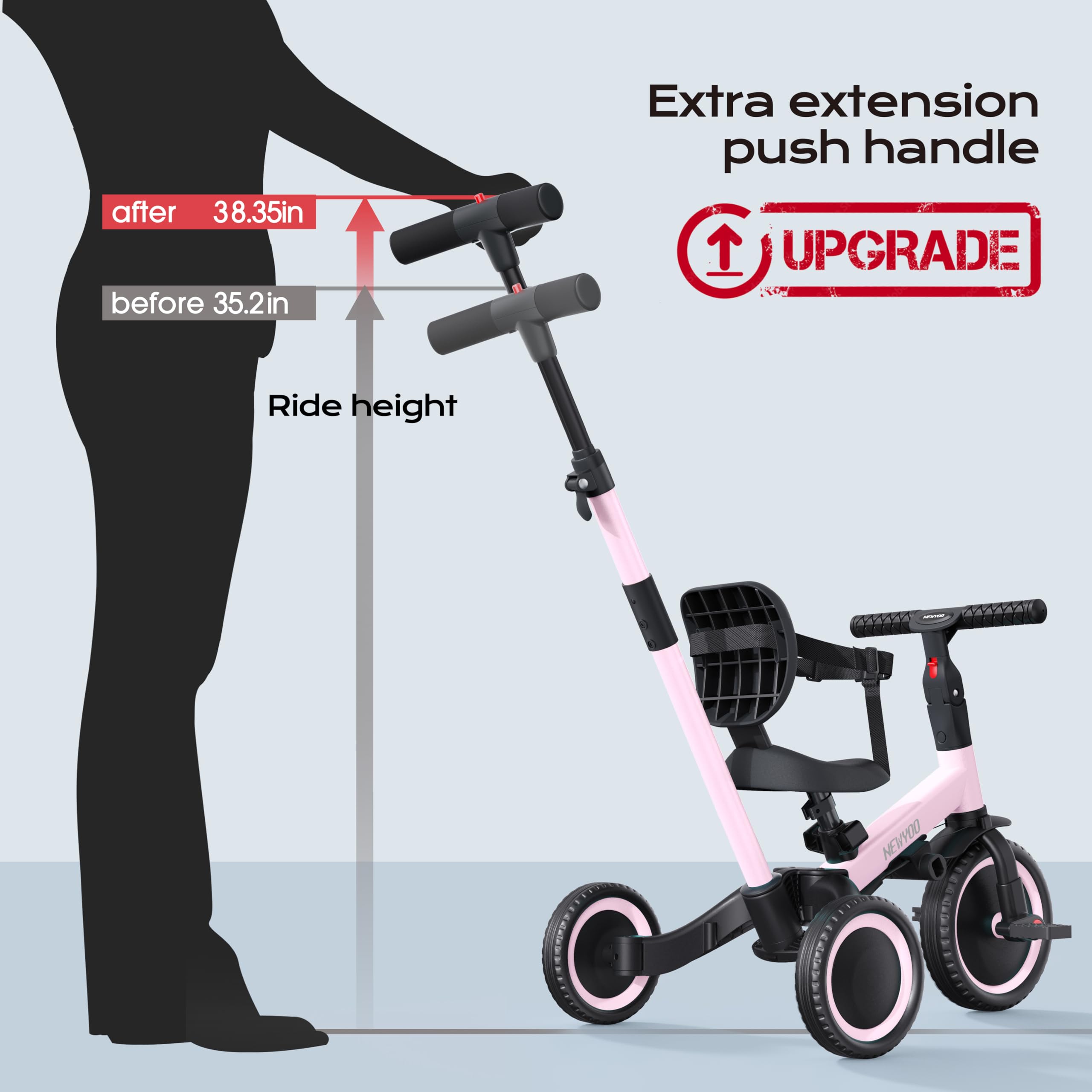 newyoo Toddler Tricycle,Toddler Bike,Birthday Gifts and Toys for 1-3 Year Old Boys and Girls, Trike with Push Handle, Backrest and Safety Belt, Balance Bike, TR007, Pink
