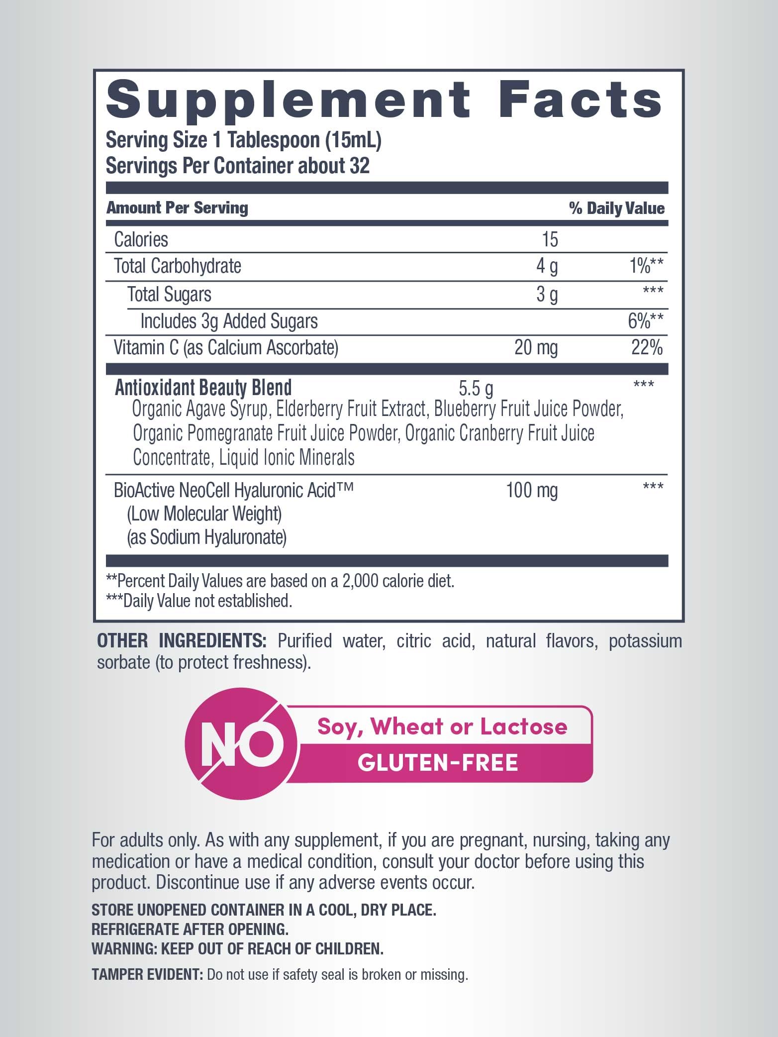 NeoCell Hyaluronic Acid Liquid with Vitamin C, Berry, 16 Fl Oz (Pack of 1) - Packaging May Vary