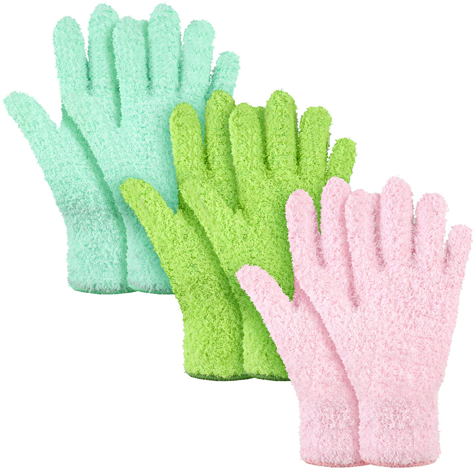 Patelai 3 Pairs Microfiber Plant Dusting Gloves Leaf Cleaning Gloves for Indoor Plants, Blinds, Furniture, House(Medium,Green Yellow, Water Blue, Pink)