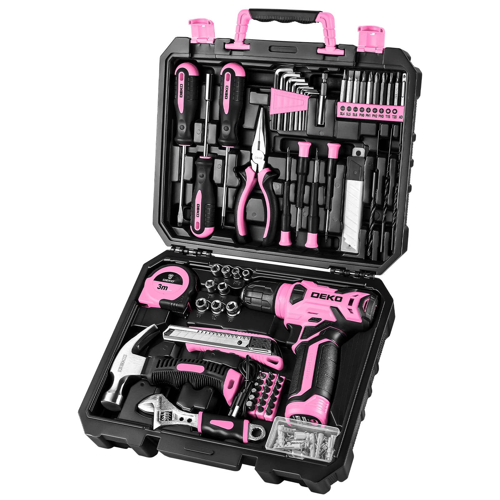 DEKOPRO Bohrmaschinen-Set: Werkzeugset mit 8V pinkfarbener Akku-Bohrmaschine, Heimwerker-Werkzeugkasten mit Bohrmaschine, Handwerkzeugsets für Frauen, 126 Teile
