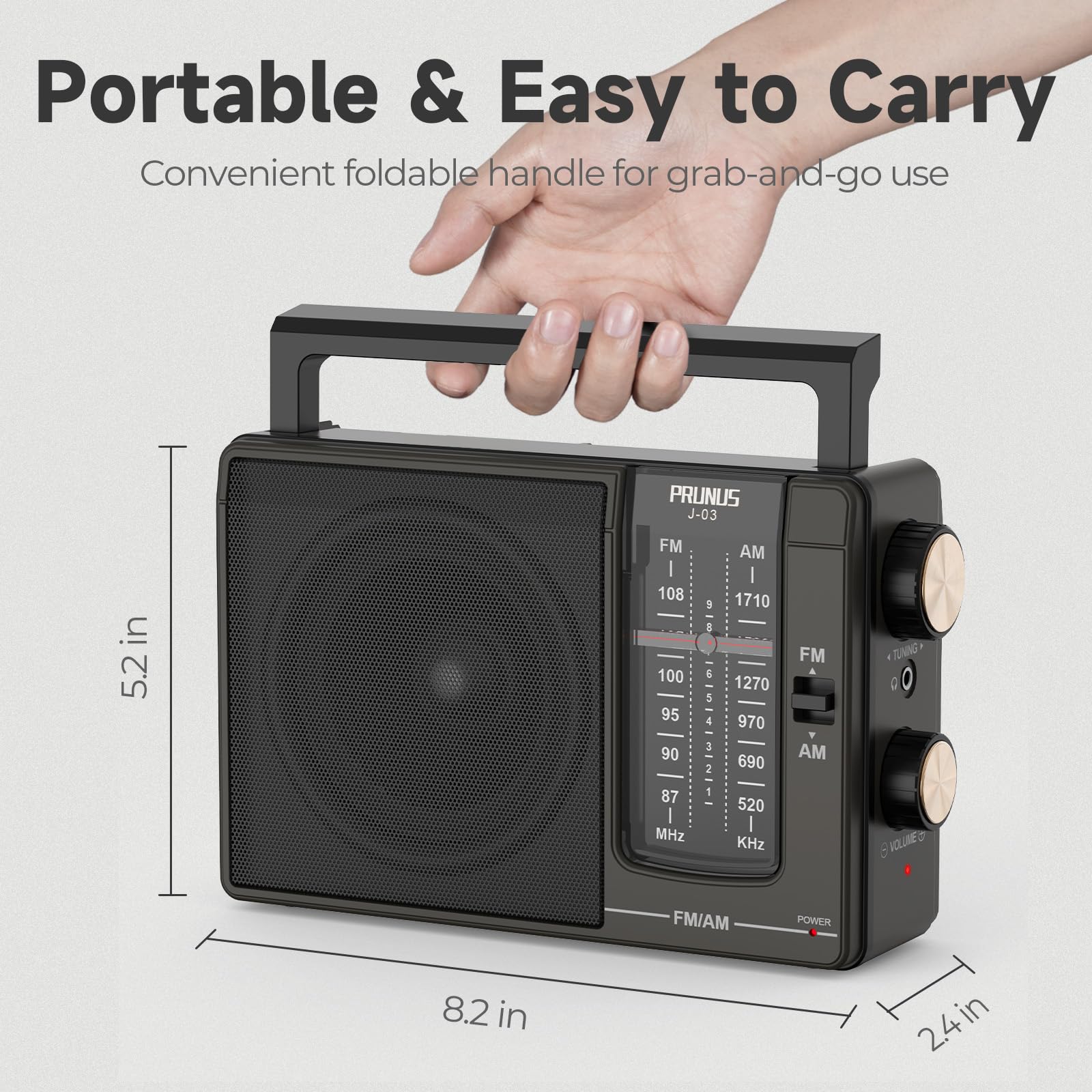PRUNUS J-03 AM FM Radio Portable Plug in Wall or AA Battery Operated for Home/Outdoor, Large Speaker Excellent Sound, Excellent Reception 19.5 ant, Large Tuning Knobs for Easy to Use,Gifts for Seniors