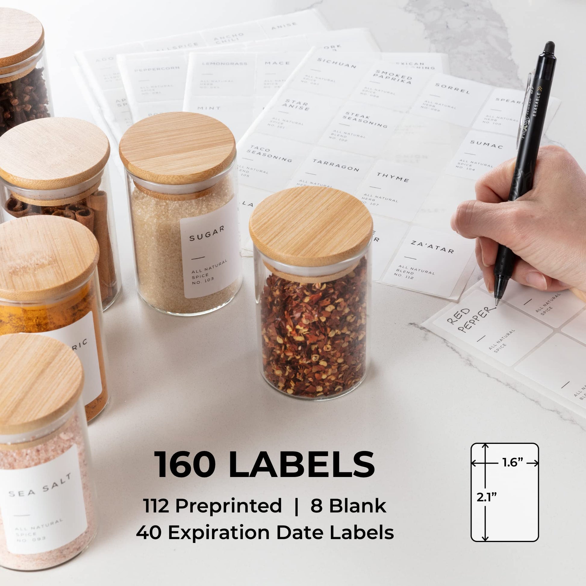 Bloomondo Empty Spice Jars with Label Pack (12x Bamboo Lid Glass Jar). Small 6oz Spice Storage Bottles with 112 Printed Stickers and 48 Writable Pantry Labels for Seasoning Containers