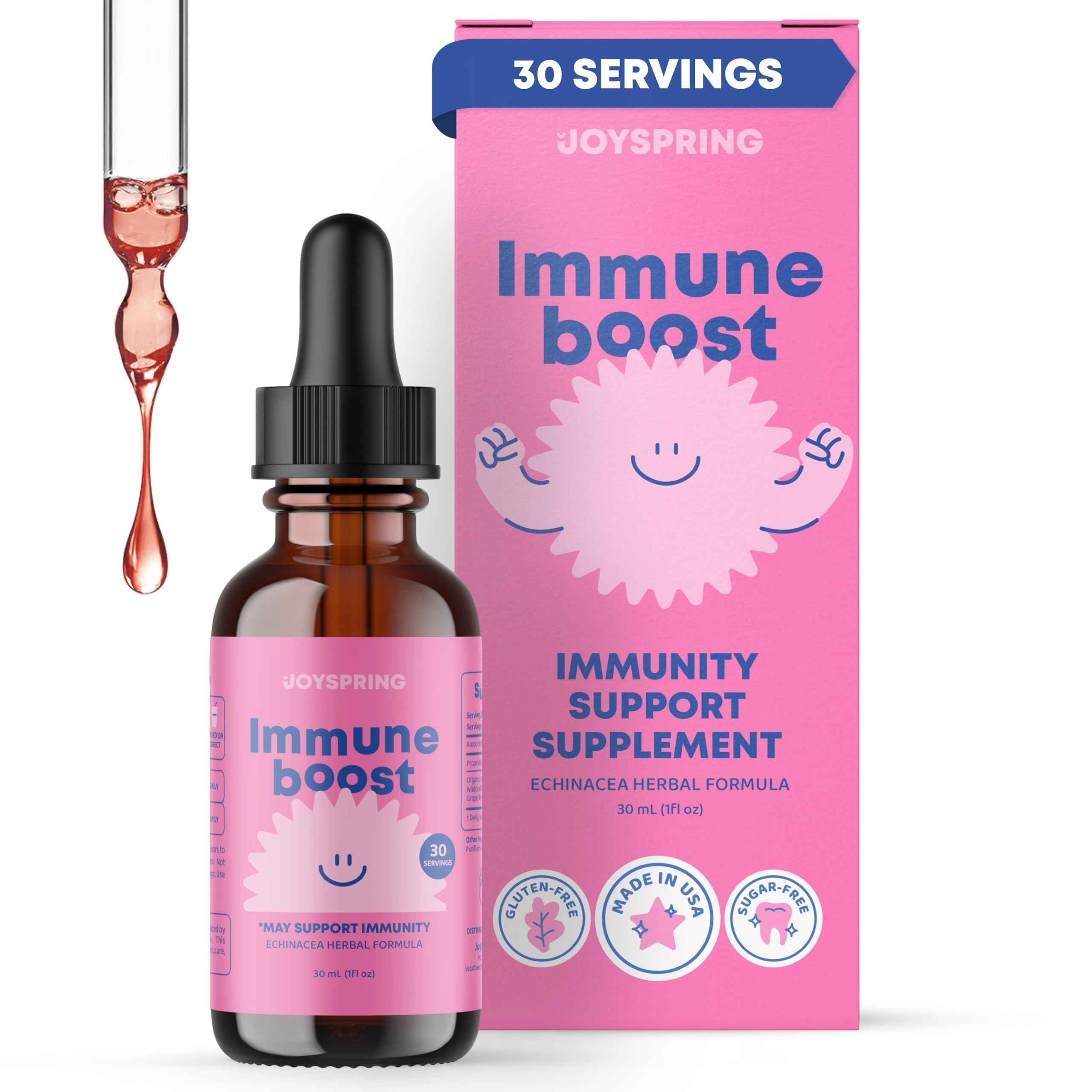 JoySpring Immune Drops - Kids' Immunity Support Supplement (1 fl oz, 30 Servings) with Organic Elderberry Liquid, Echinacea, Oregon Grape Root & Orange Peel for Ages 2-16+ Years and Adults.