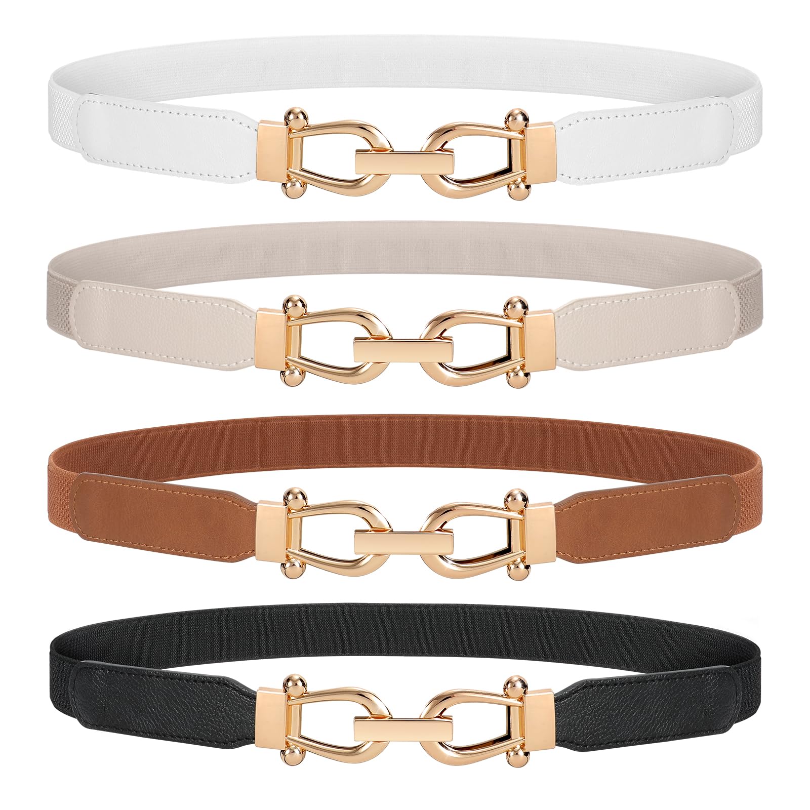 WERFORU Women Skinny Belt for Dresses Retro Stretch Waist Belt with Gold Buckle Set of 4,Black+Brown+White+Beige