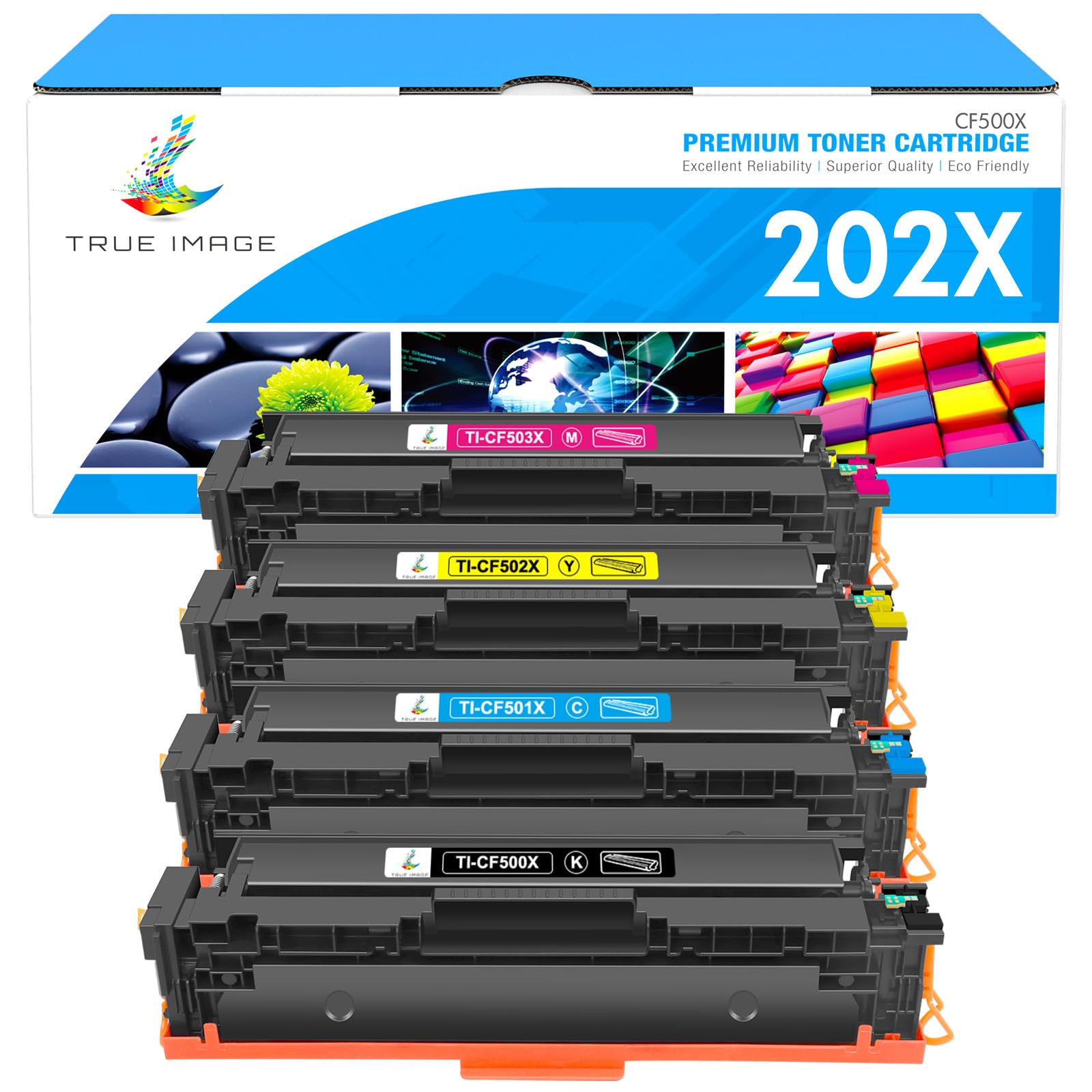 TRUE IMAGE Compatible Toner Cartridge Replacement for HP 202X CF500X CF500A 202A Color Laserjet Pro MFP M281fdw M281cdw M254dw M281fdn 281fdw M254 M281 Toner Printer (Black Cyan Yellow Magenta 4 Pack)
