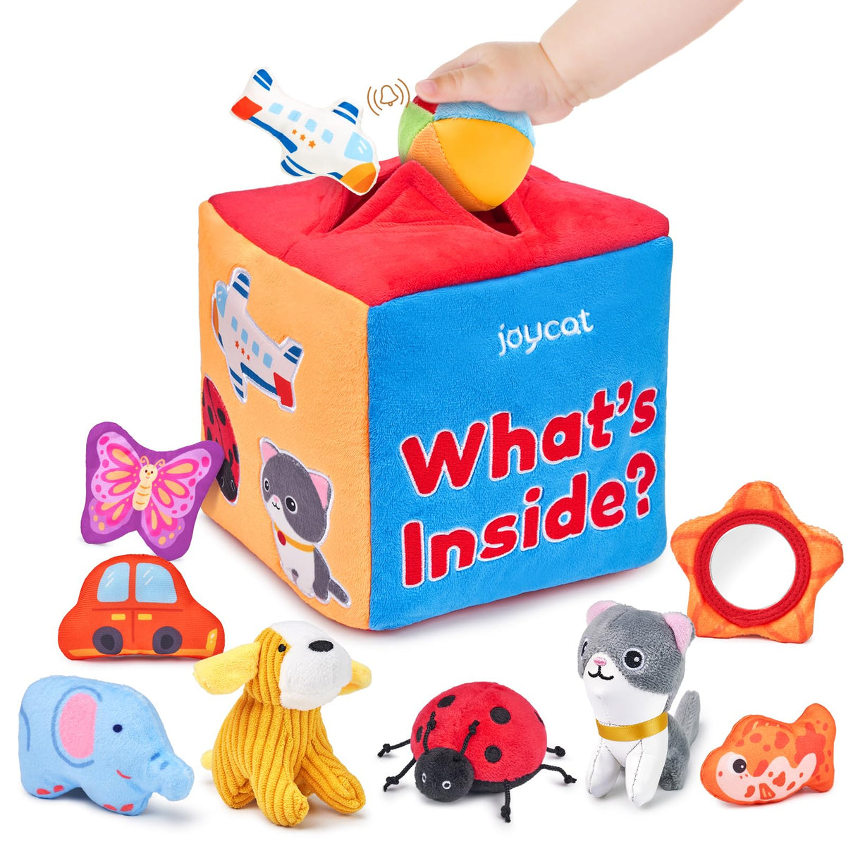JoyCat Baby Toys 6-12 Months - Mystery Soft Box with 10 Sensory Objects, Rattle, Crinkle Paper, Mirror - What's Inside Box Infant Gifts, Soft Busy Toys 1-2 - Baby Birthday Gifts Boy Girl Chirstmas