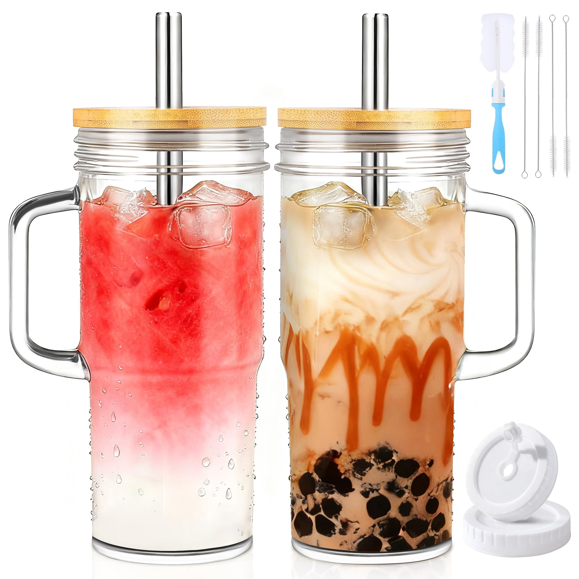 Birity 24oz Glasbecher mit Deckel und Strohhalmen, Glas-Trinkbecher mit Griff, 2er-Set – wiederverwendbare Glas-Eiskaffeebecher mit Deckel und Strohhalm für Smoothies, Tee, Saft, Boba-Becher für kalte und heiße Getränke, Reisebecher