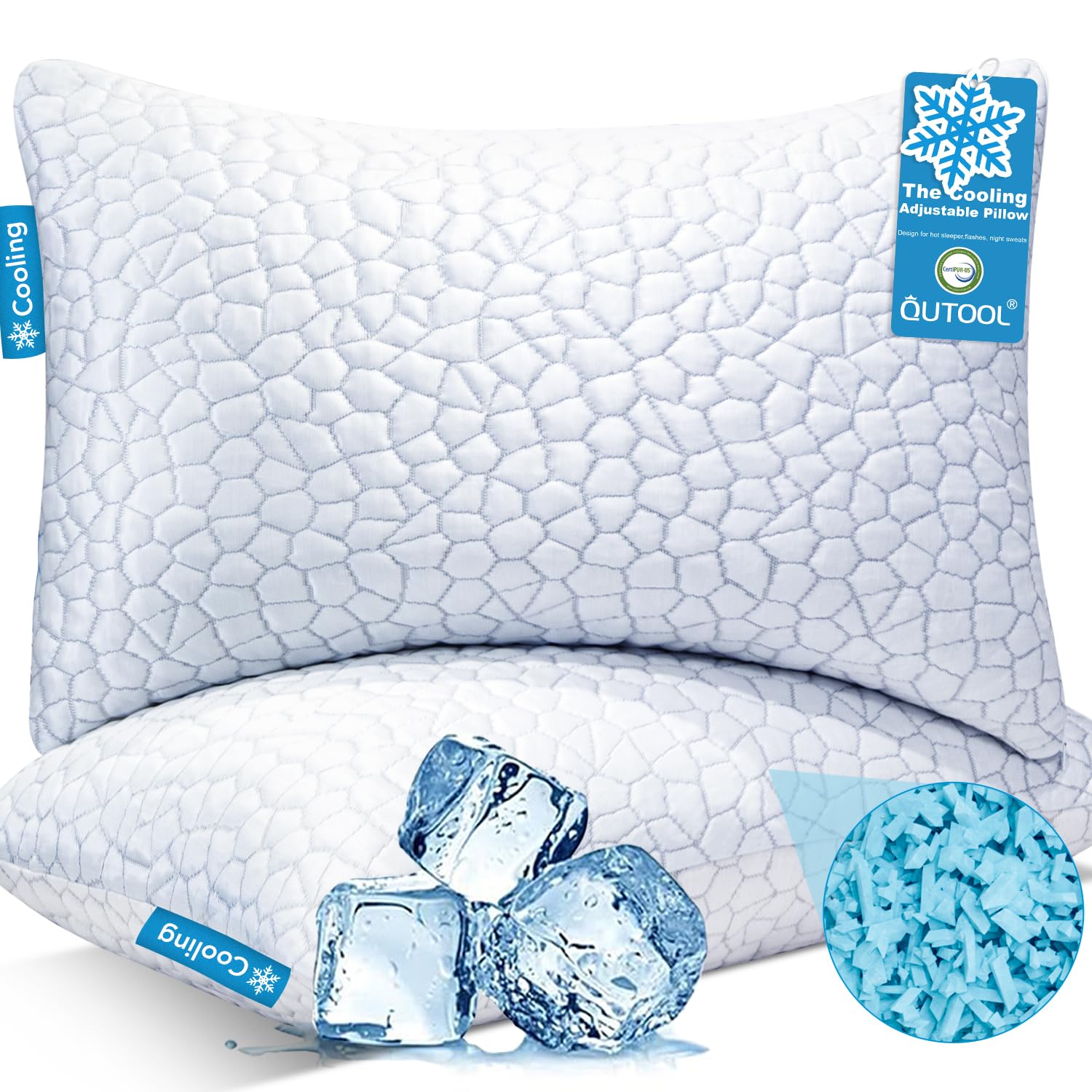QUTOOL Kühlende Kopfkissen zum Schlafen, 2er-Pack, geschredderte Memory Foam Kopfkissen Queen Size 2er-Set, kühlendes Gelkissen für Schwitzer, verstellbares, festes Kissen für Seiten-, Rücken- und Bauchschläfer, unterstützend