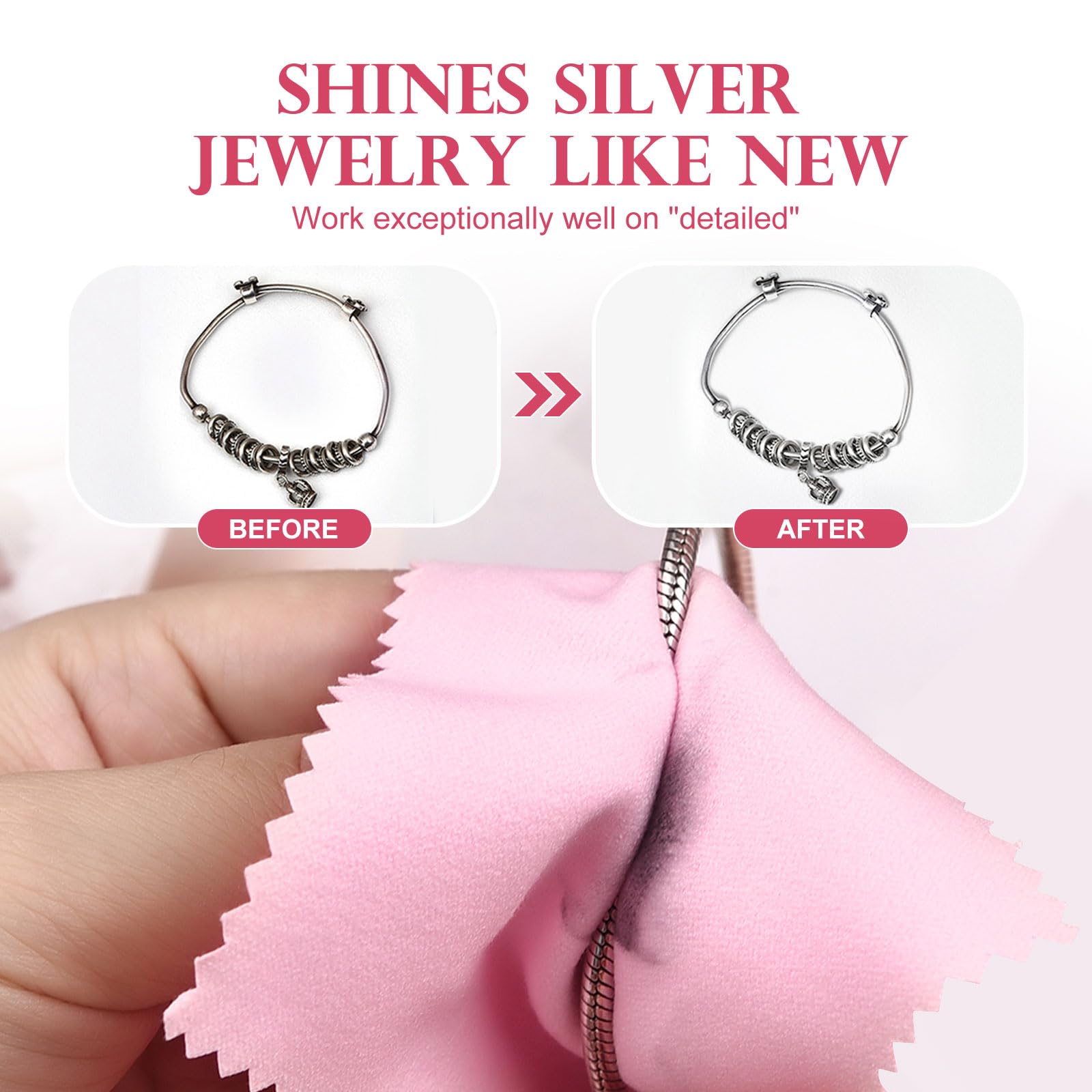 SEVENWELL 50pcs Jewelry Cleaning Cloth Pink Polishing Cloth for Sterling Silver Gold Platinum Small Silver Polish 8x8cm