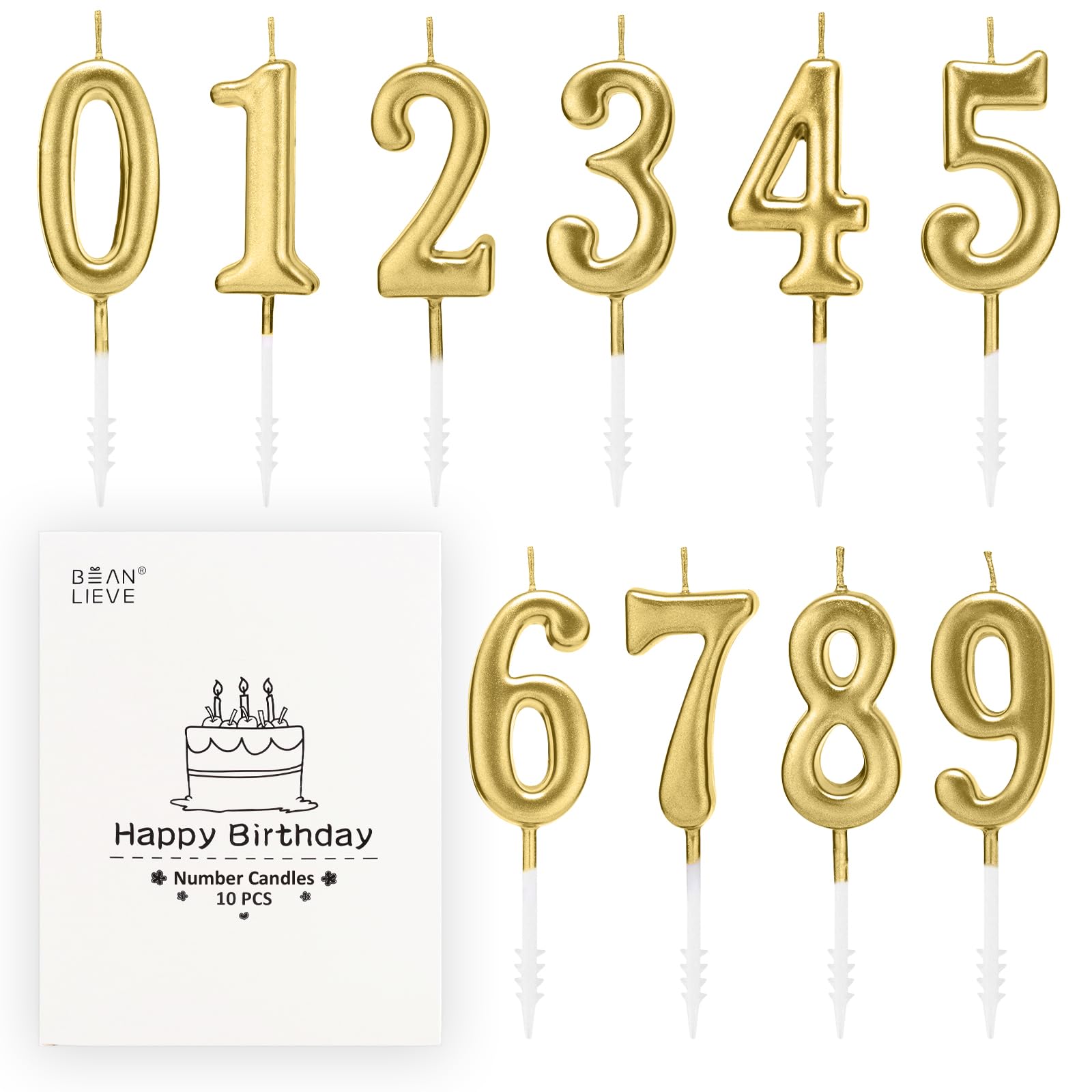 Beanlieve 10er-Set Zahlen-Geburtstagskerzen – Kuchen-Zahlenkerzen Ziffer 0 1 2 3 4 5 6 7 8 9, verwendet zur Tortendekoration bei Geburtstagsfeiern und Hochzeitsjubiläen (Champagner-Gold)