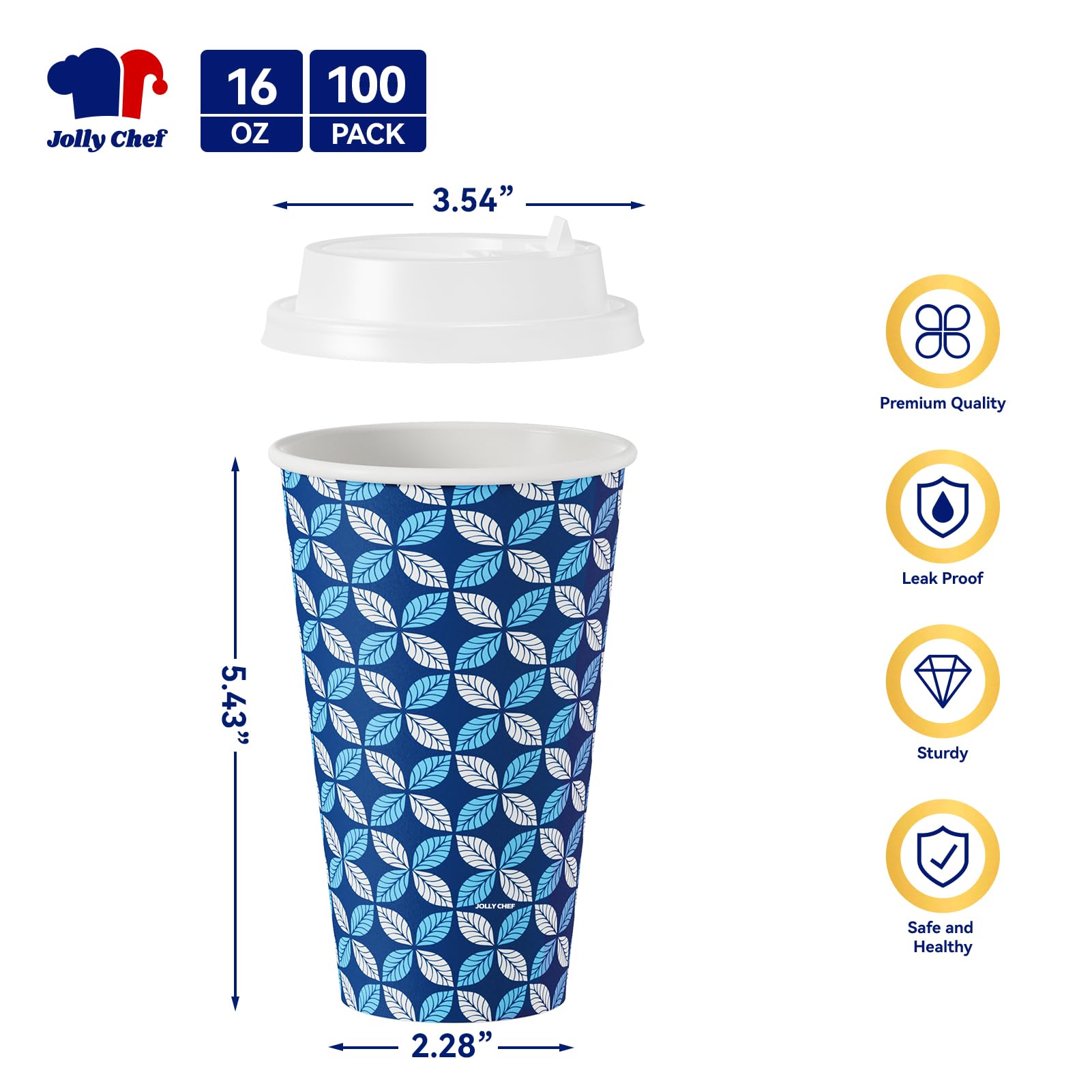 JOLLY CHEF 16 oz Coffee Cups with Lids 100 Pack, Disposable Hot Paper Coffee Cups with Lids, Sleeves and Stirrers (Blue Leaf and Grey Leaf)