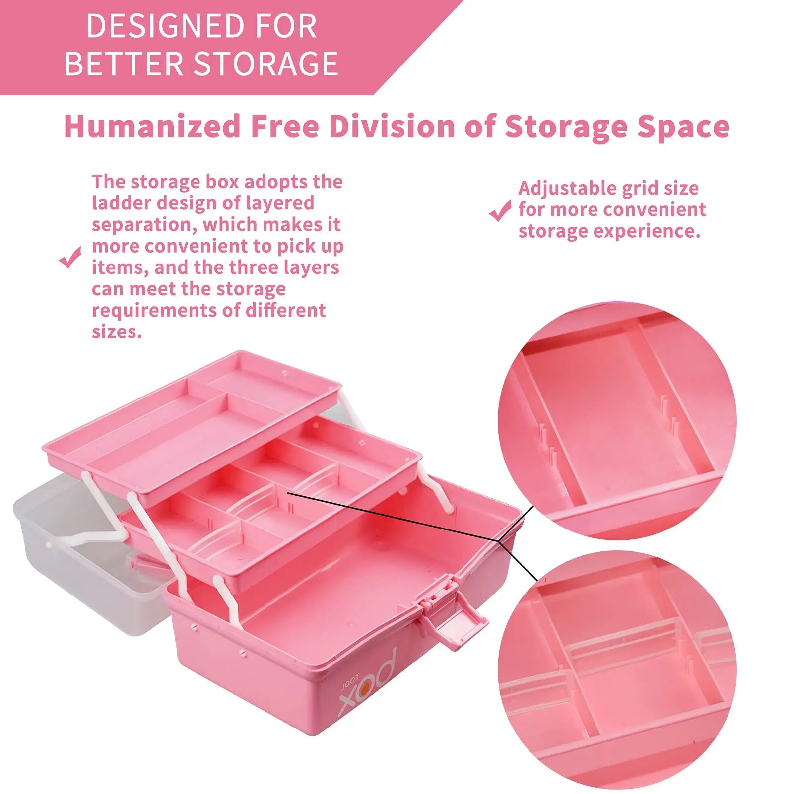 TERGOO 12in Three-Layer Multipurpose Storage Box Organizer Folding Tool Box/Art & Crafts Case/Sewing Supplies Organizer/Family First Aid organizer/Medicine Storage with 2 Trays (Pink)