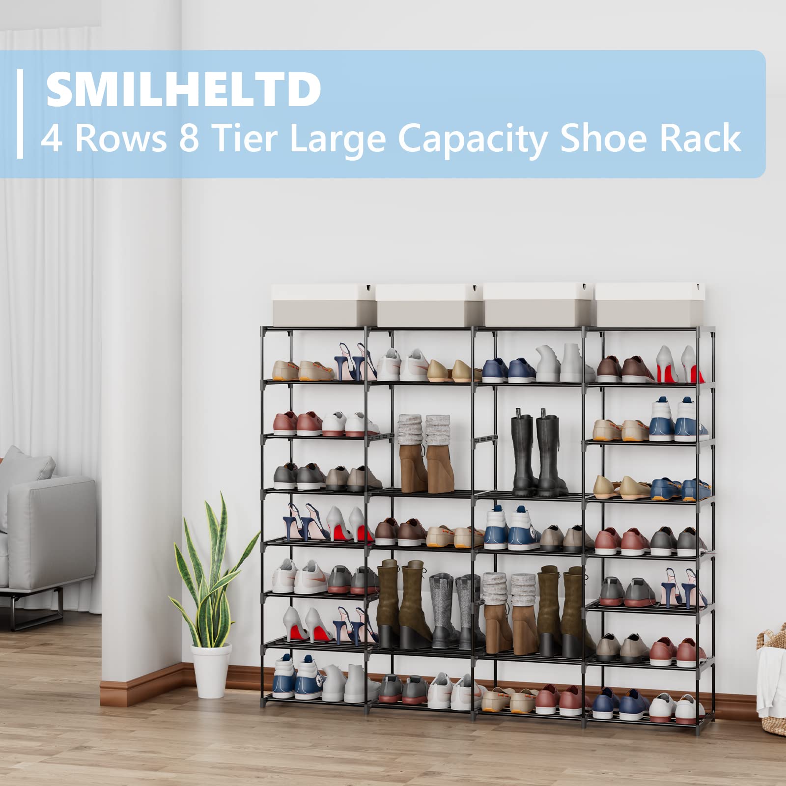 SMILHELTD Shoe Rack Large Capacity 4 Rows 8 Tier 56-64 Pairs Shoes Boots Sneaker Stackable Storage Organizer Garage Entryway Hallway Front Doorway Shoe Tower Cubby Unit Shelf Space Saving