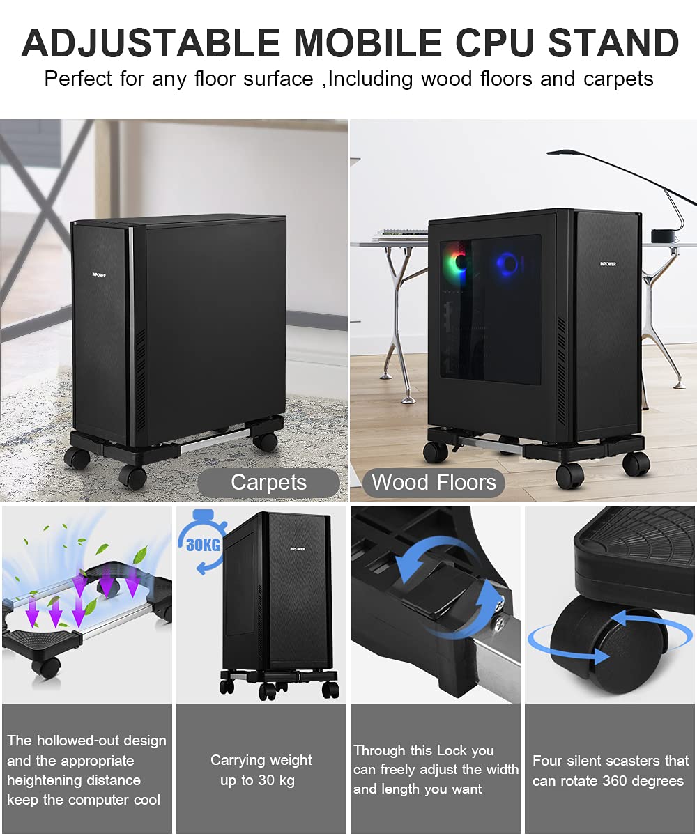 Computer Tower Stand, Adjustable Mobile CPU Stand with Rolling Caster Wheels, Premium PC Tower Stand Holder for Floor Carpet Gaming PC Case