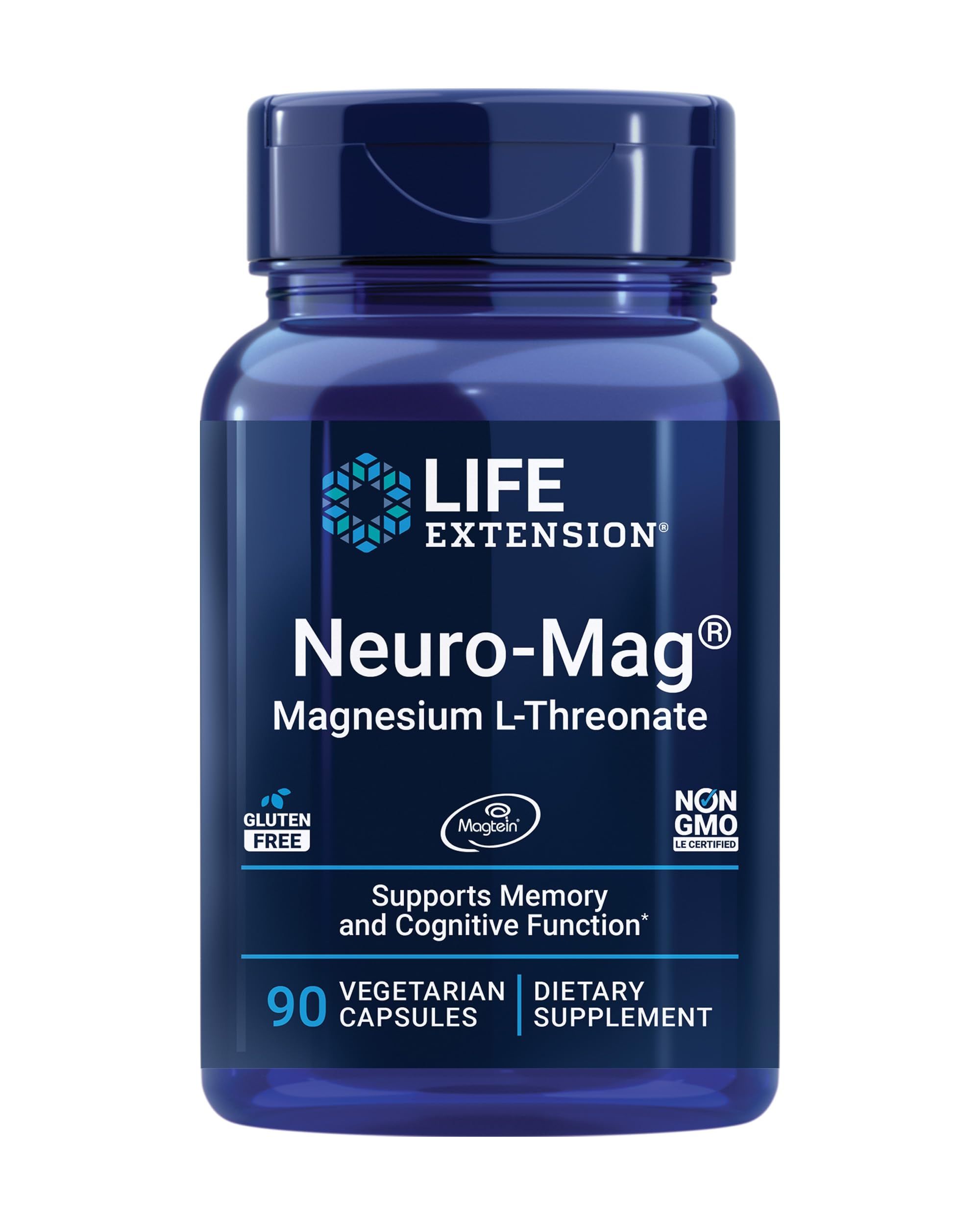 Life Extension Neuro-Mag Magnesium L-Threonate, Memory Health, Quick Thinking, Cognitive Health Support, Vegetarian, Non-GMO, 90 Vegetarian Capsules (144 mg from 2000 mg Magtein magnesium L-threonate