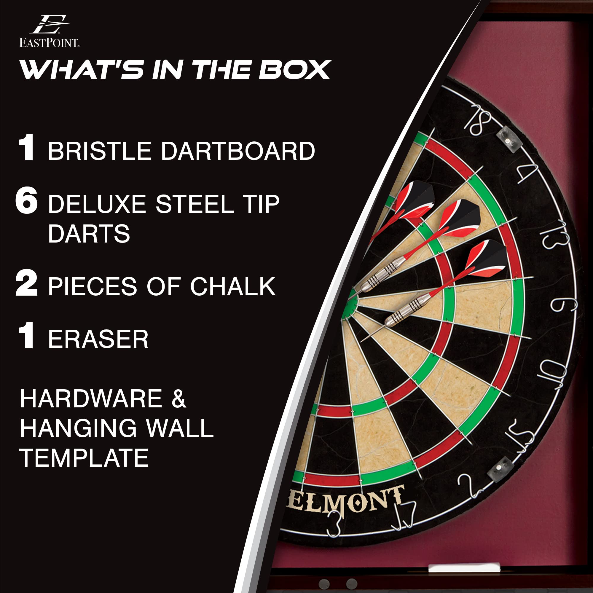 EastPoint Sports Belmont Official Size Dart Board Cabinet Set - Easy-Assembly & Complete with 6 Deluxe Steel Tip Darts and Accessories - Premium Darts Set with Scoreboard for Bar Games & Indoor Games