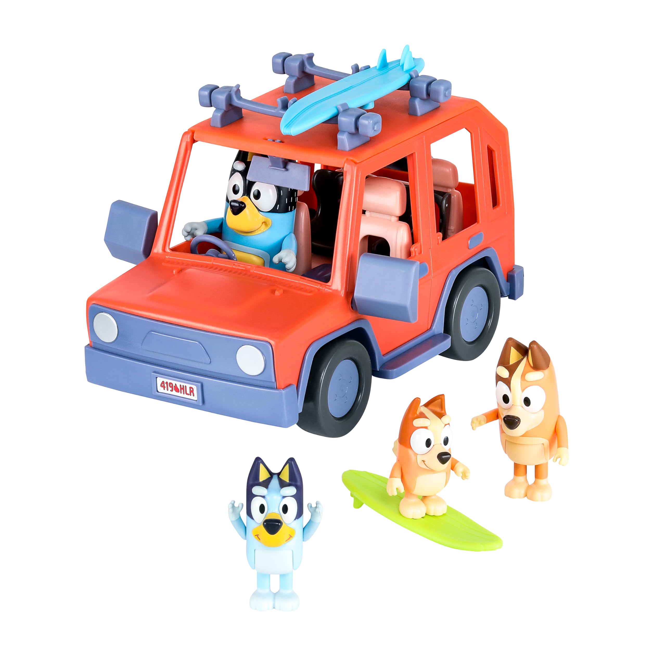 Bluey Heeler 4WD Family Toddler Toy Car with 4 Figures, Surfboards and Sticker Sheet, Pretend Play, Toys for Kids Ages 3+, Exclusive